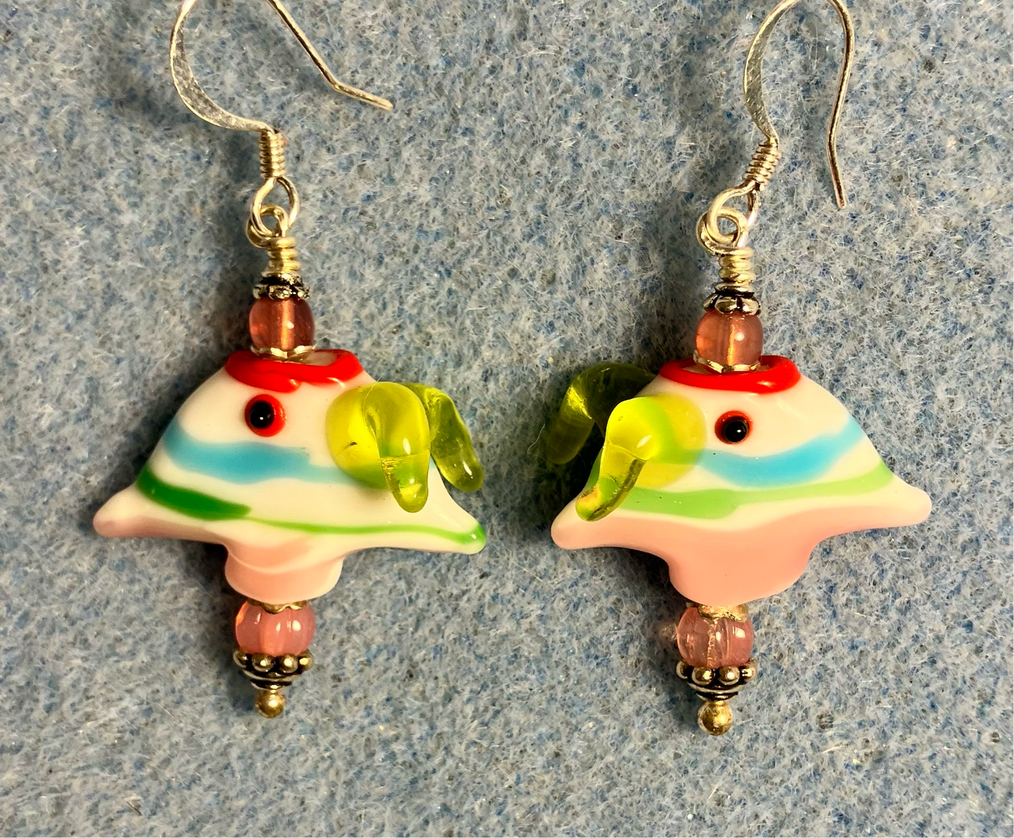Pink, aqua, lime green, and red lamp work striped angelfish bead earrings adorned with milky pink Czech glass beads.