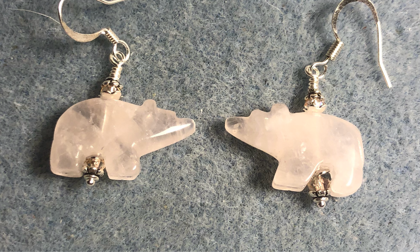 Pink rose quartz gemstone bear bead earrings adorned with pink Chinese crystal beads.