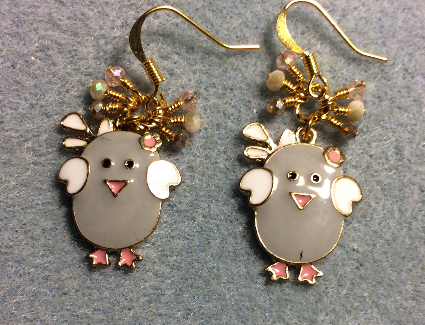 Gray, pink, and white enamel chick charm earrings adorned with tiny dangling gray, pink, and white Chinese crystal beads.