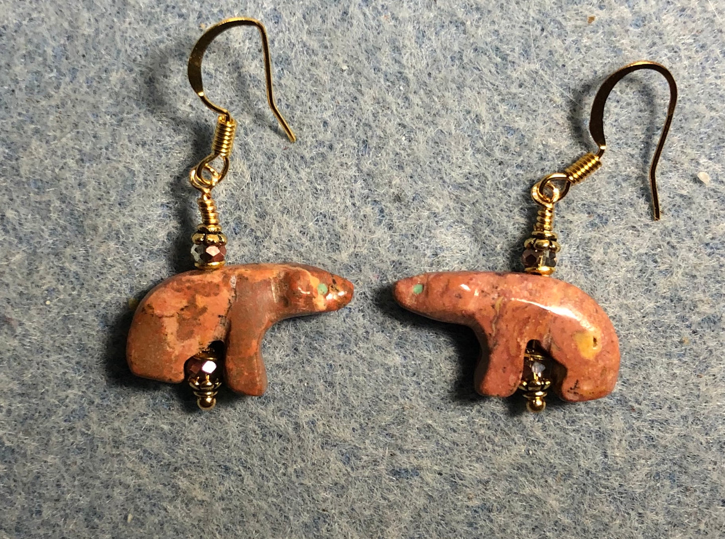 Picture jasper gemstone bear bead earrings adorned with tan Chinese crystal beads.