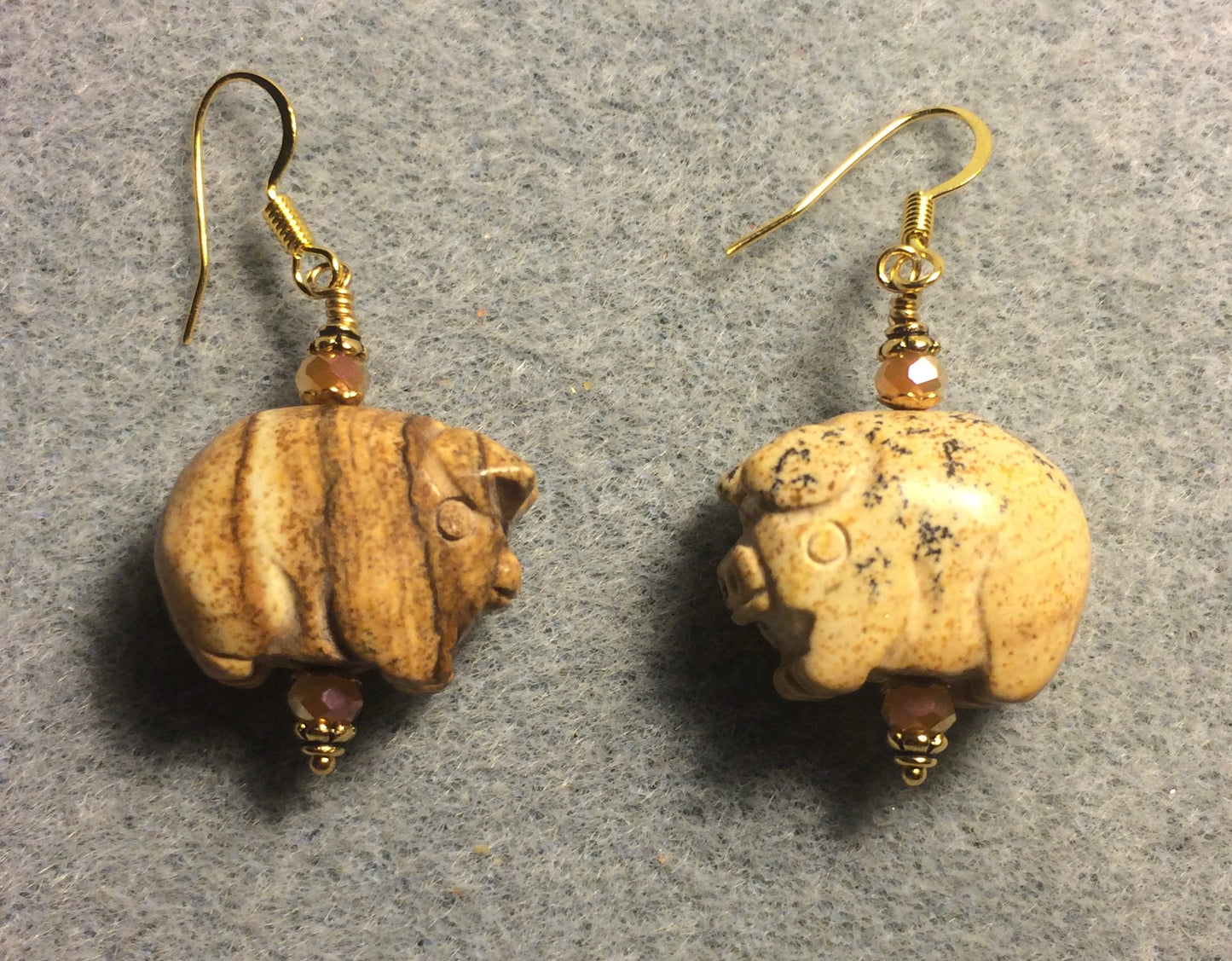 Tan picture jasper gemstone pig bead earrings adorned with tan Chinese crystal beads.