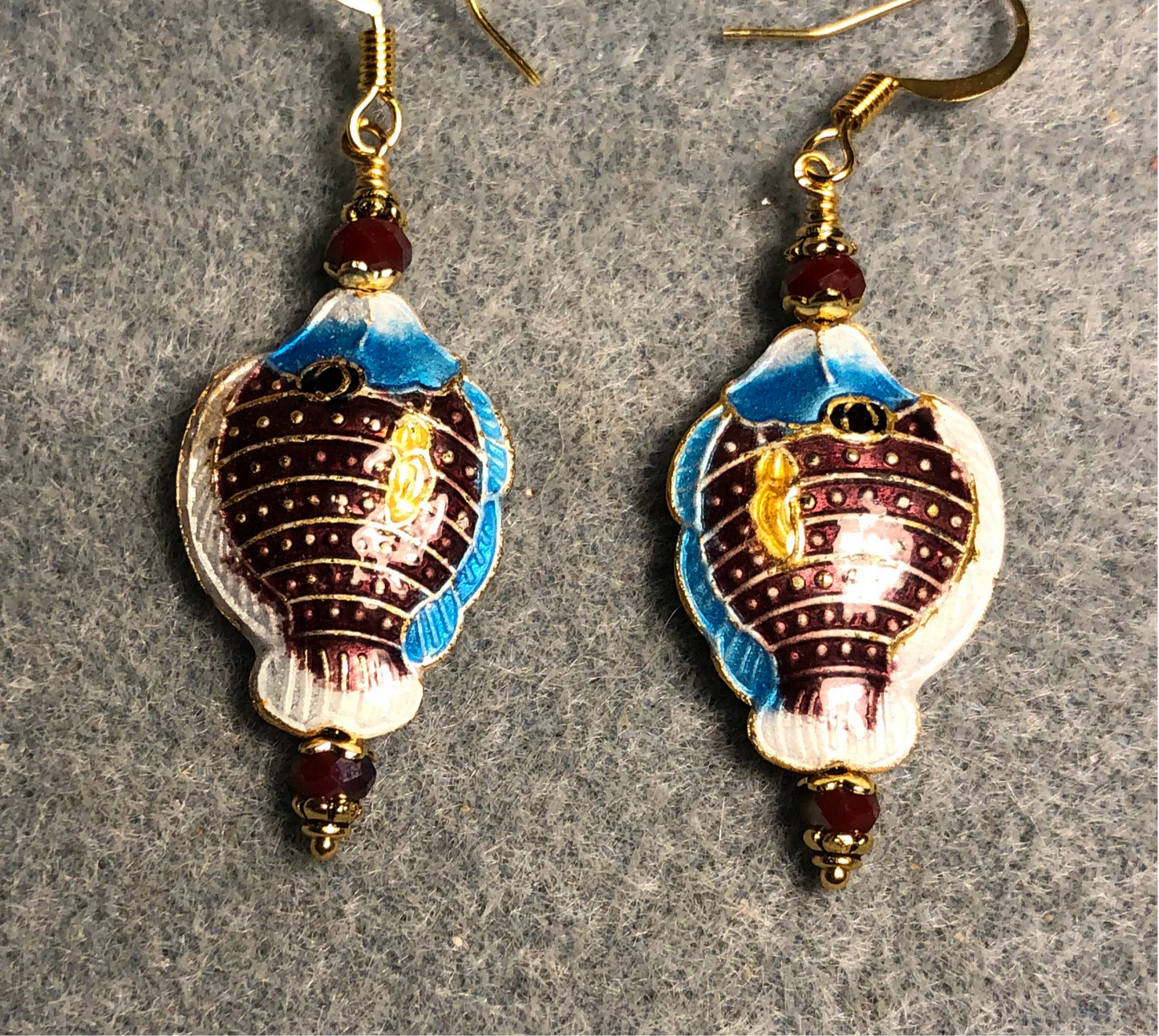 Dark red and turquoise cloisonné fish bead earrings adorned with dark red Chinese crystal beads.