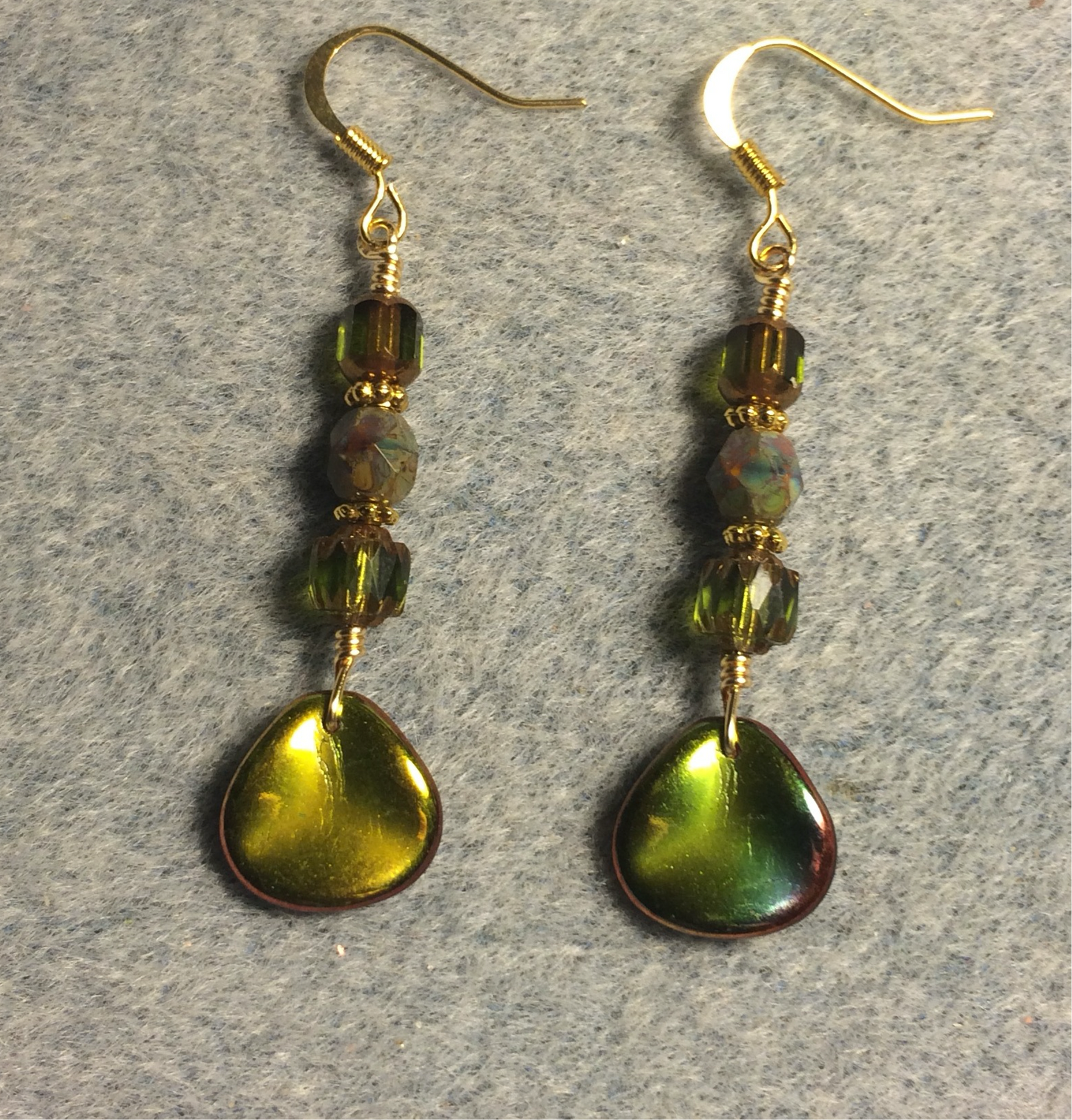 Metallic green Czech glass rose petal earrings adorned with olive green Czech glass beads.