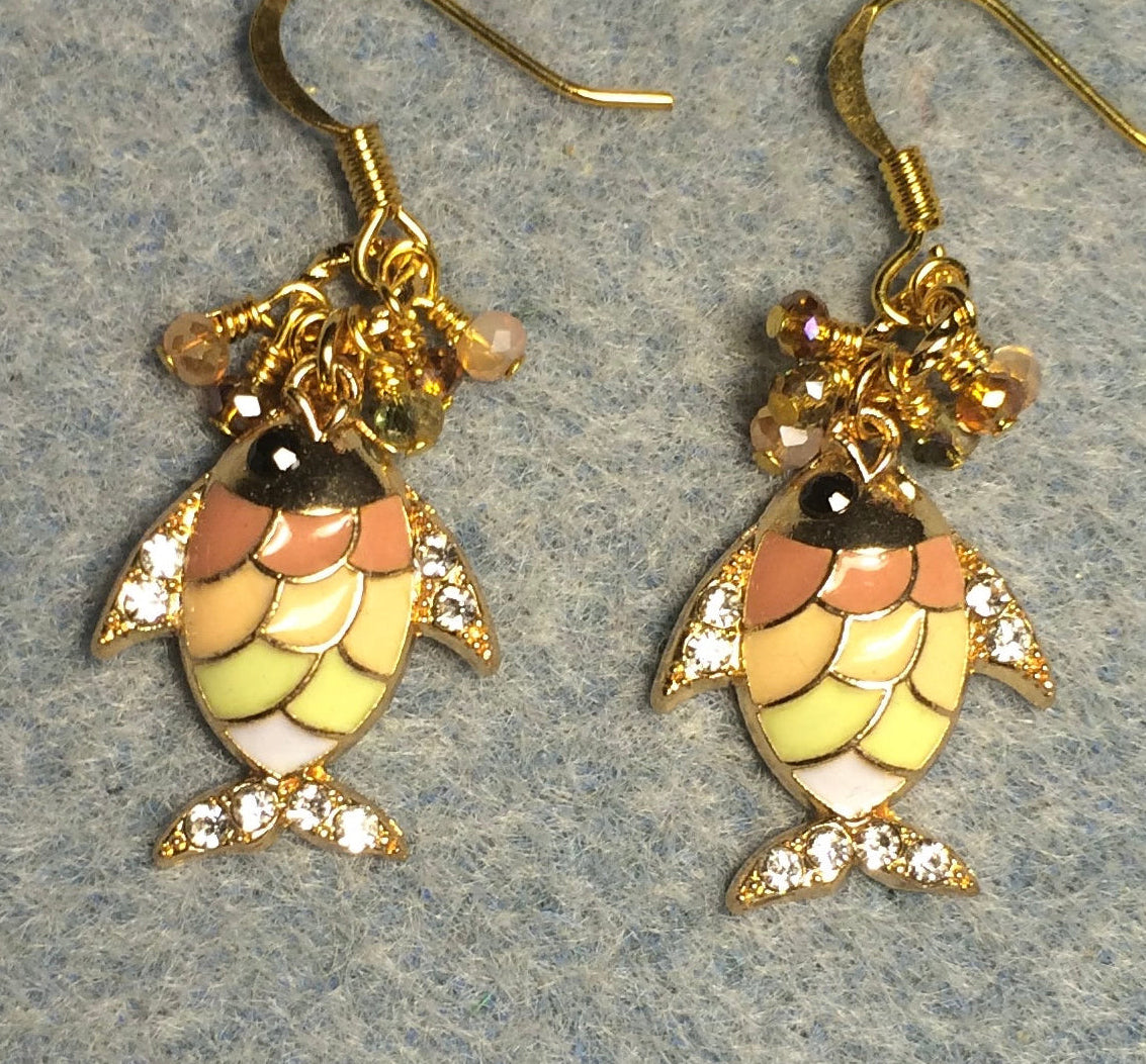 Pink, peach, and green enamel fish charm earrings adorned with tiny dangling pink, peach, and green Chinese crystal beads.