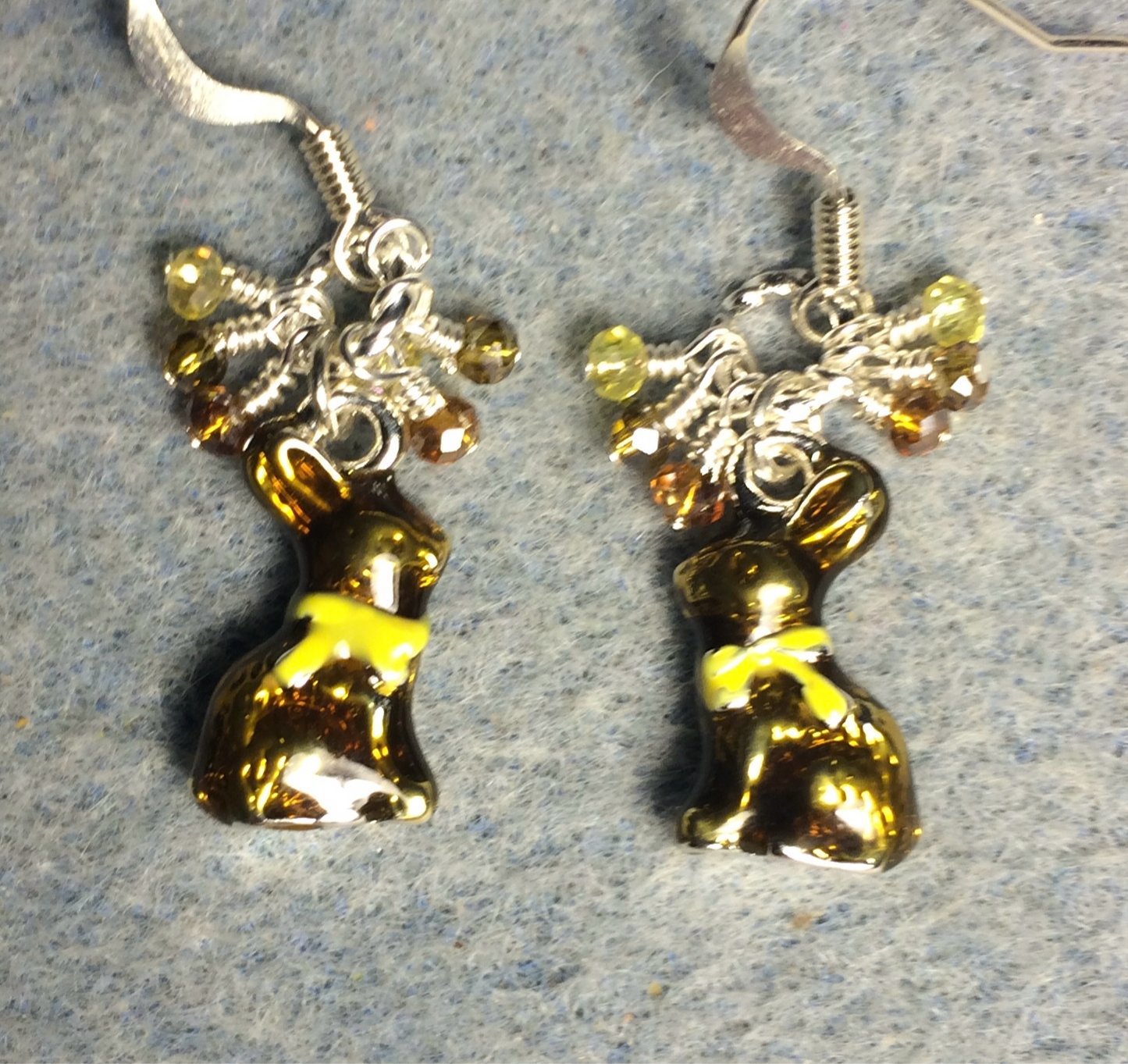 Amber brown and yellow enamel rabbit charm earrings adorned with amber and yellow Chinese crystal beads.