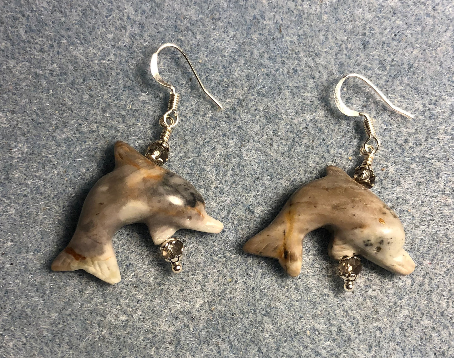Gray Picasso jasper gemstone dolphin bead earrings adorned with gray Chinese crystal beads.