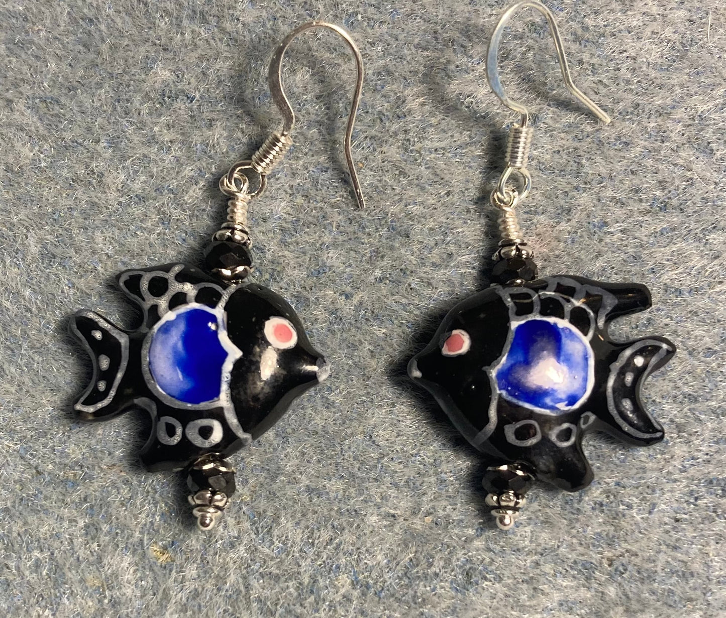 Black and blue ceramic angelfish bead earrings adorned with black Chinese crystal beads.