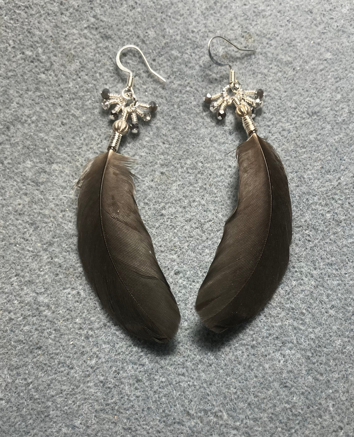 RESERVED FOR BETH: Three pairs of feather earrings: a long gray pair of African gray wing feather earrings, a dark red pair of African gray tail feather earrings, and a dark gray pair of small African gray body feather earrings