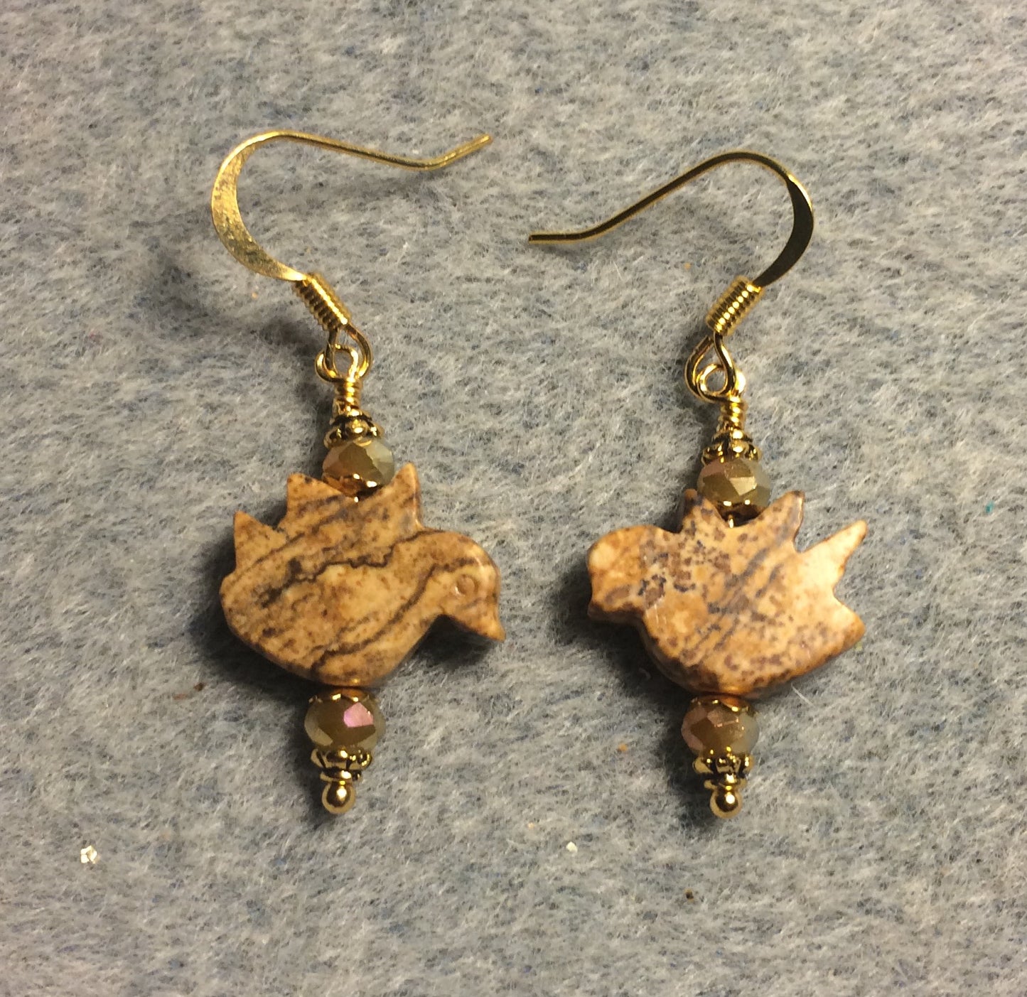 Picture jasper gemstone dove bead earrings adorned with tan Chinese crystal beads.