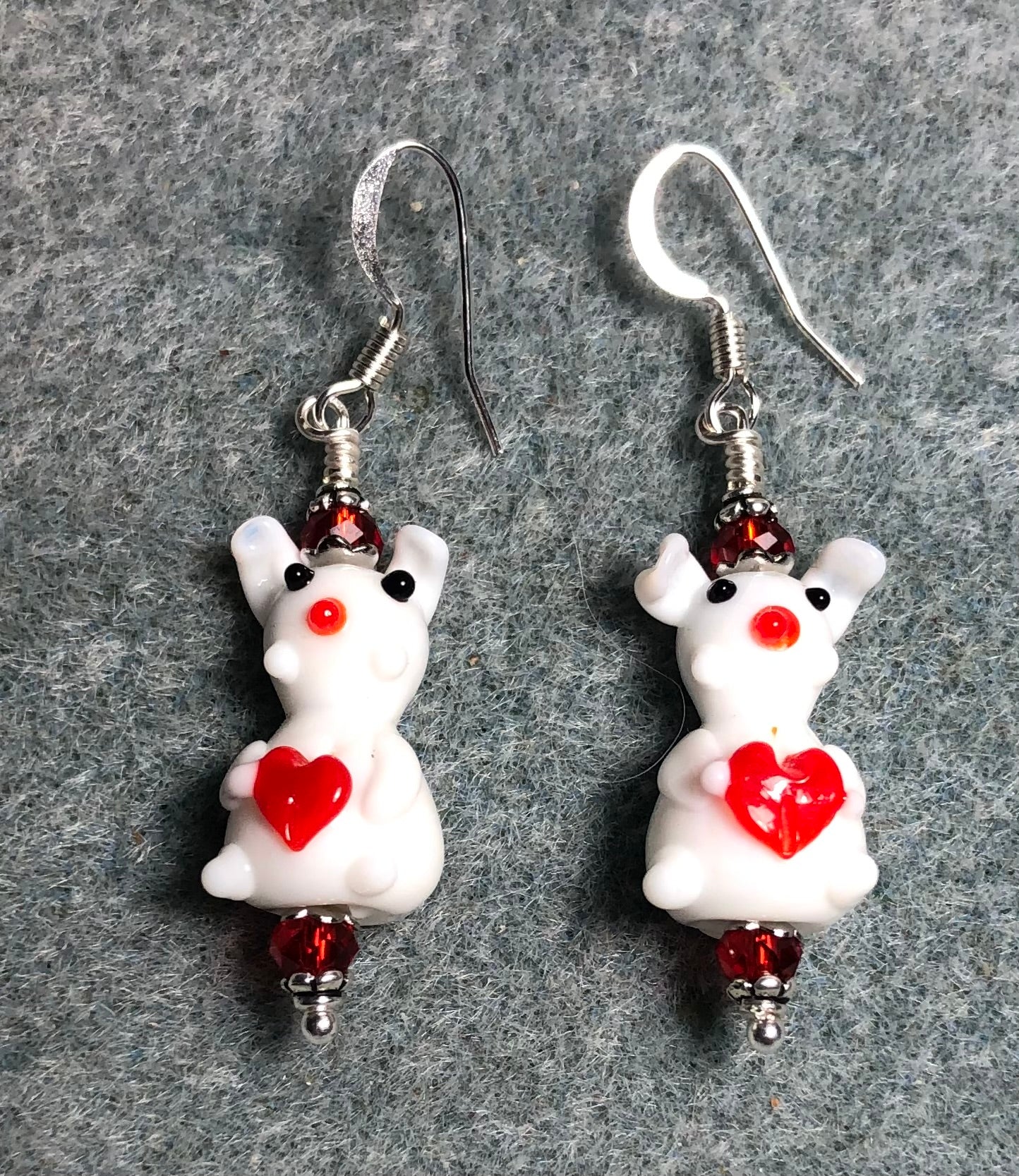 White with red hearts lamp work bunny rabbit bead earrings adorned with red Chinese crystal beads.