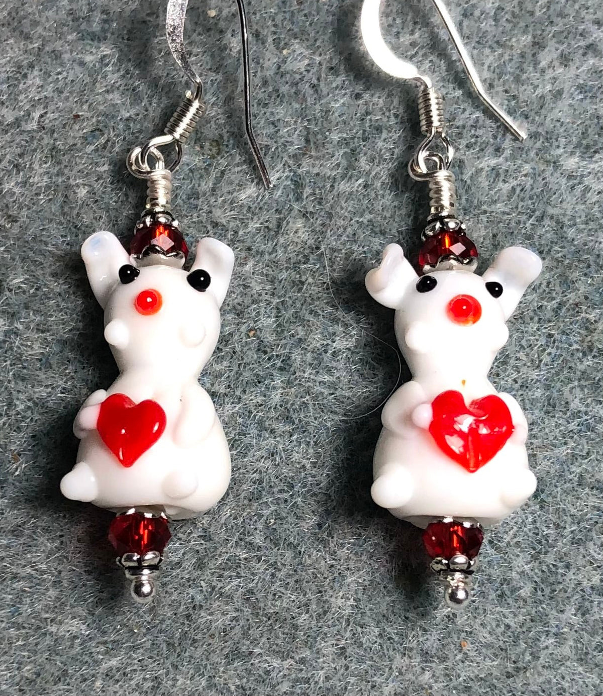 White with red hearts lamp work bunny rabbit bead earrings adorned with red Chinese crystal beads.
