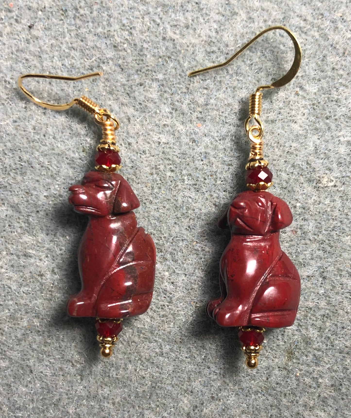 Dark red poppy jasper gemstone dog bead earrings adorned with dark red Chinese crystal beads.