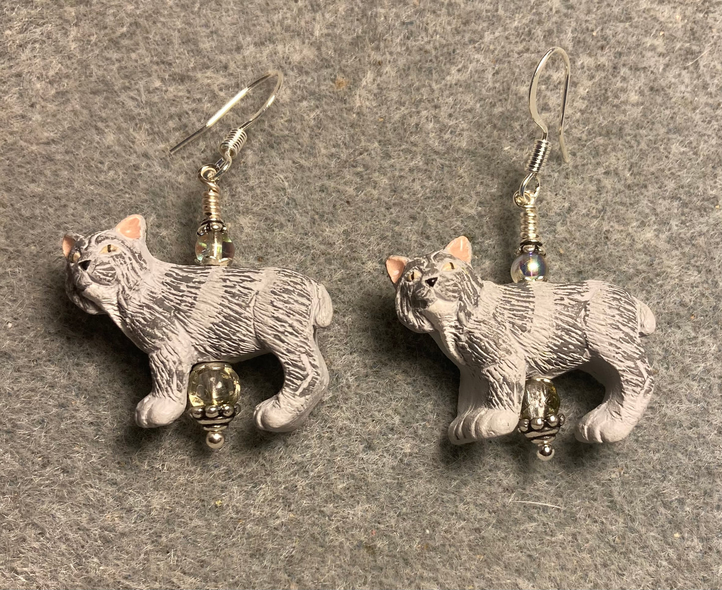 Grey and white ceramic lynx bead earrings adorned with grey Czech glass beads.