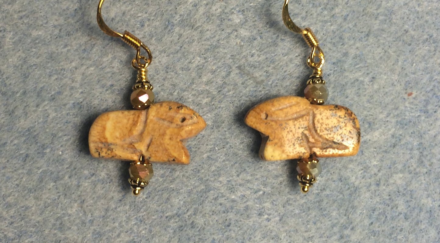 Picture jasper gemstone Zuni rabbit bead earrings adorned with tan Chinese crystal beads.