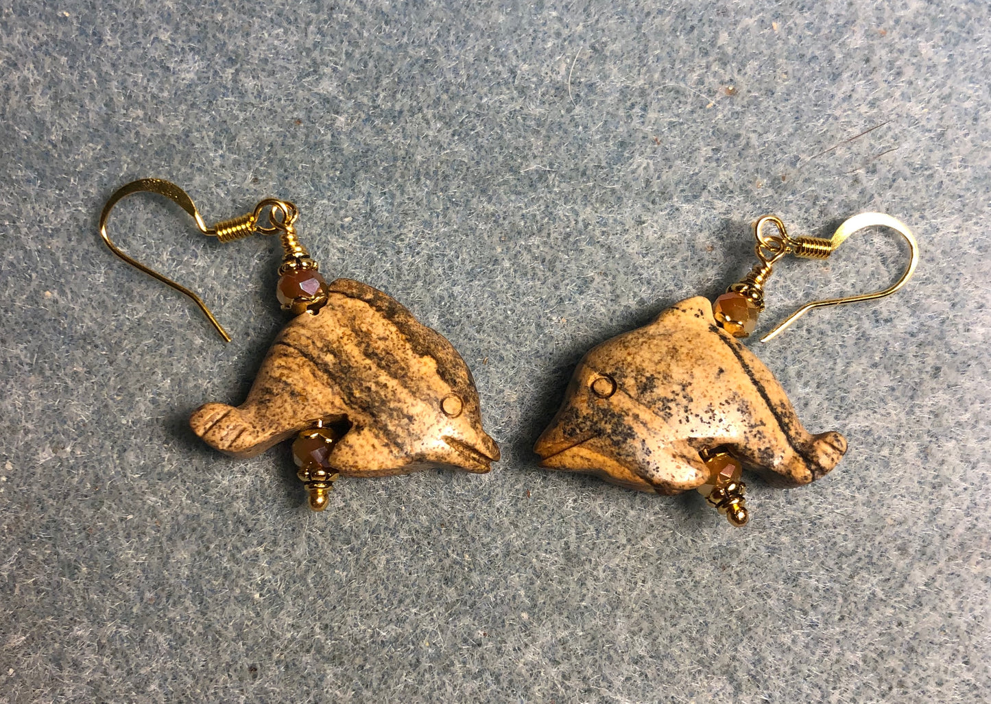 Picture jasper gemstone dolphin bead earrings adorned with tan Chinese crystal beads.