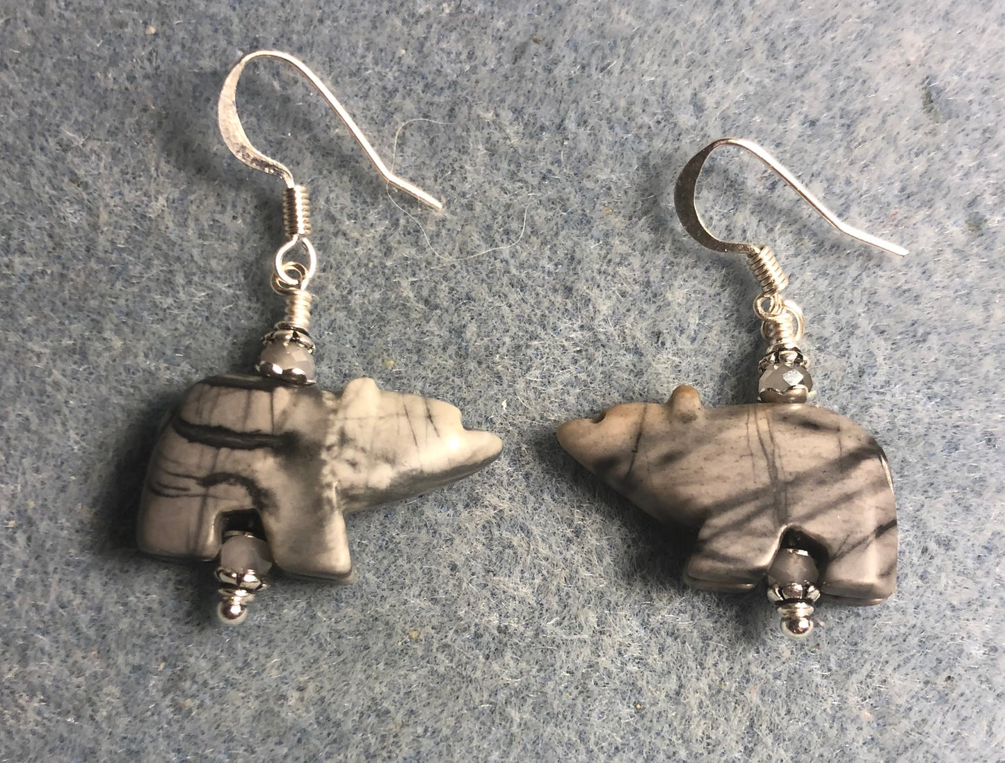 Picasso marble gemstone bear bead earrings adorned with gray Chinese crystal beads.