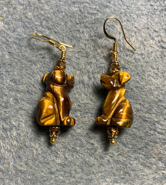 Brown tigereye gemstone dog bead earrings adorned with topaz Chinese crystal beads.