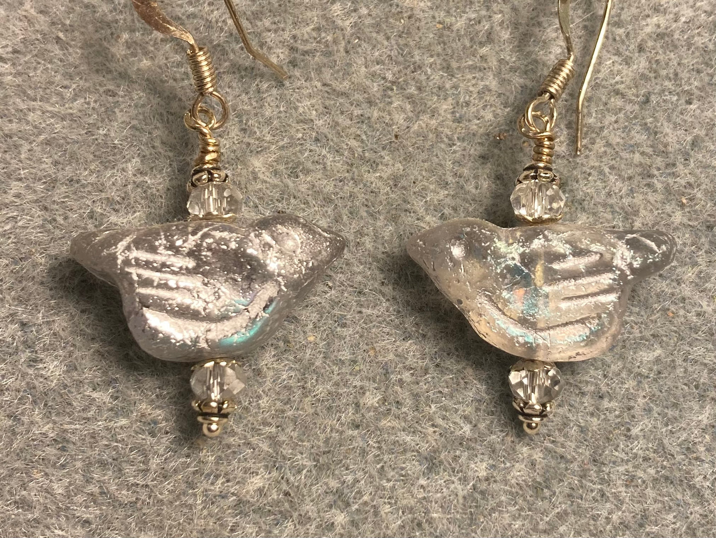 Silver Czech glass bird bead earrings adorned with silver Chinese crystal beads.