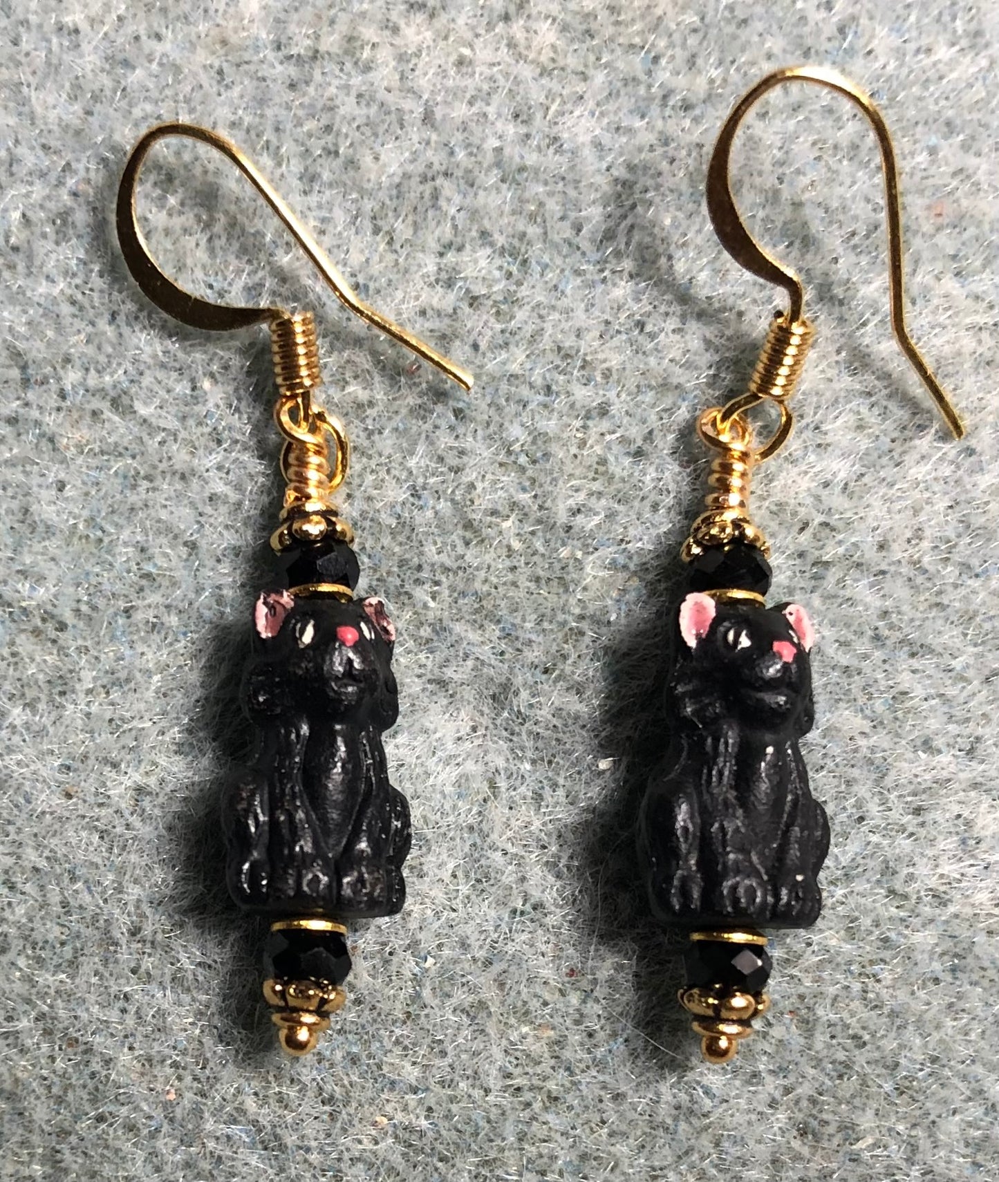 Small black ceramic cat bead earrings adorned with black Chinese crystal beads.