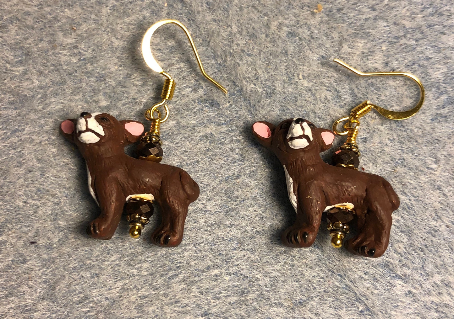 Brown and white ceramic chihuahua bead earrings adorned with brown Chinese crystal beads.