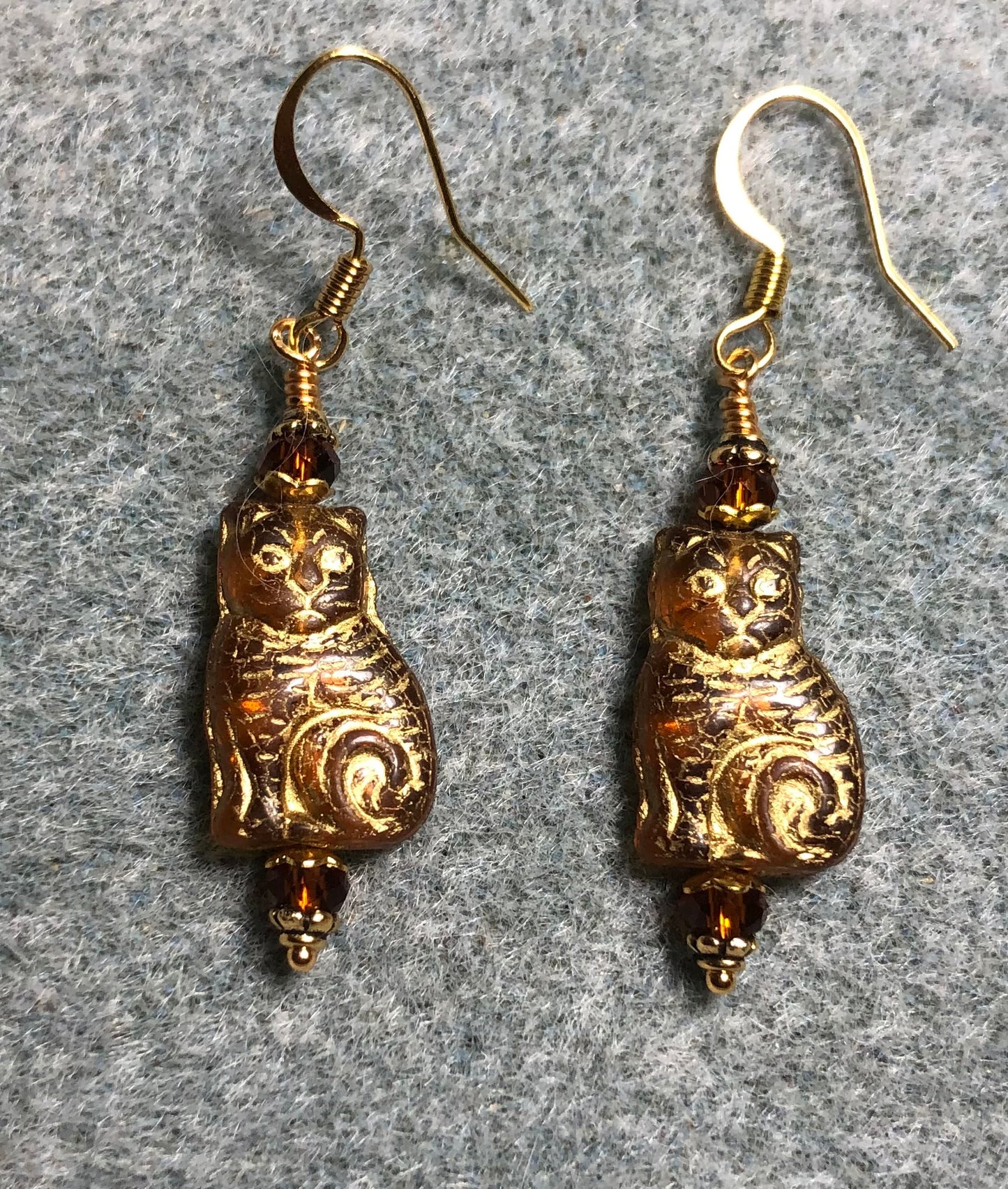 Medium topaz (with gold inlay) Czech glass cat bead earrings adorned with topaz Chinese crystal beads.