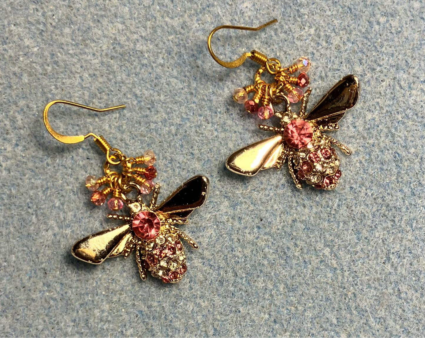 Pink and gold rhinestone honeybee charm earrings adorned with tiny dangling pink and rose Chinese crystal beads.