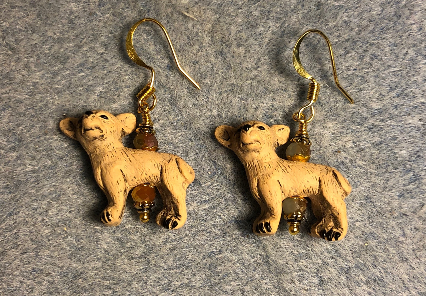 Tan ceramic chihuahua bead earrings adorned with tan Chinese crystal beads.