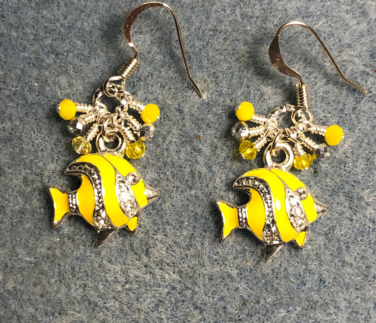 Silver and yellow enamel and rhinestone angelfish charm earrings adorned with tiny dangling yellow and silver Chinese crystal beads.