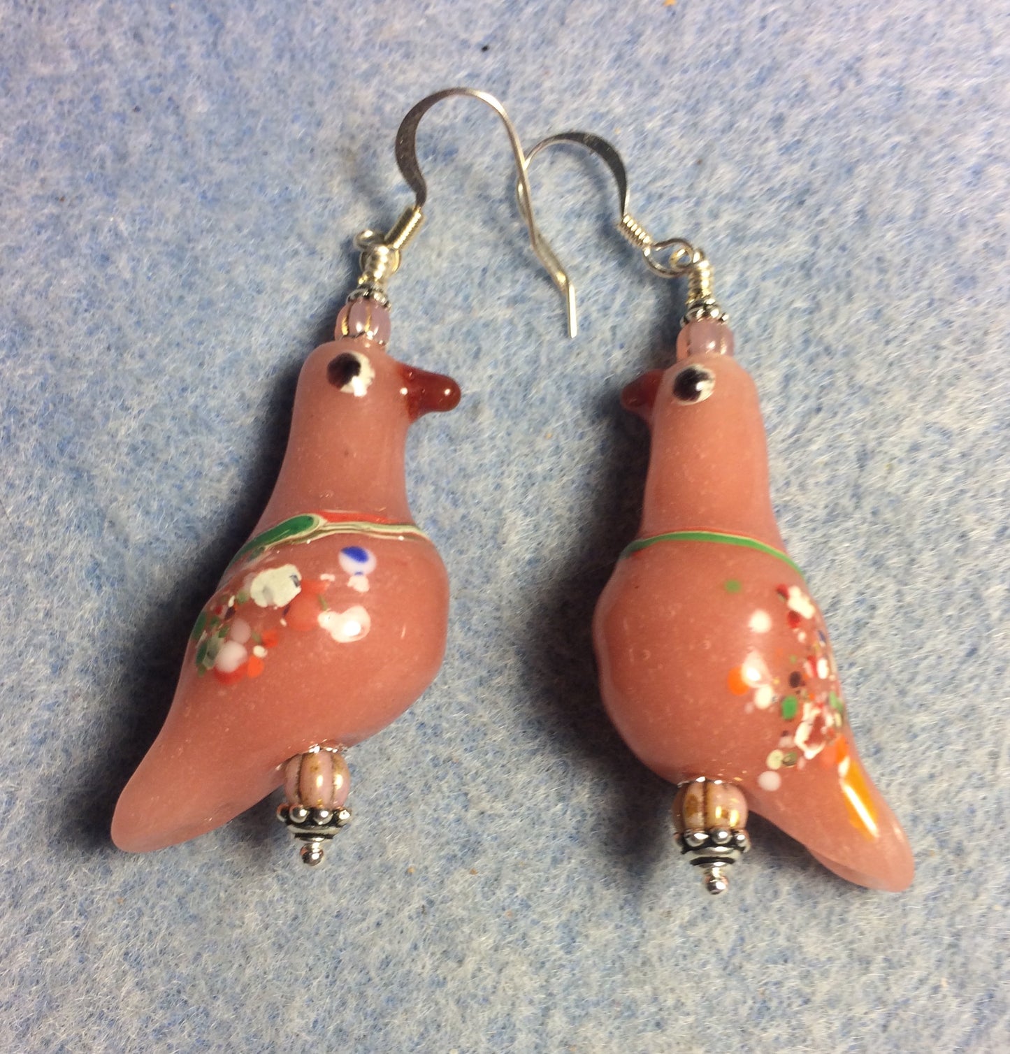 Large vintage milky pink lamp work bird bead earrings adorned with pink Czech glass beads.