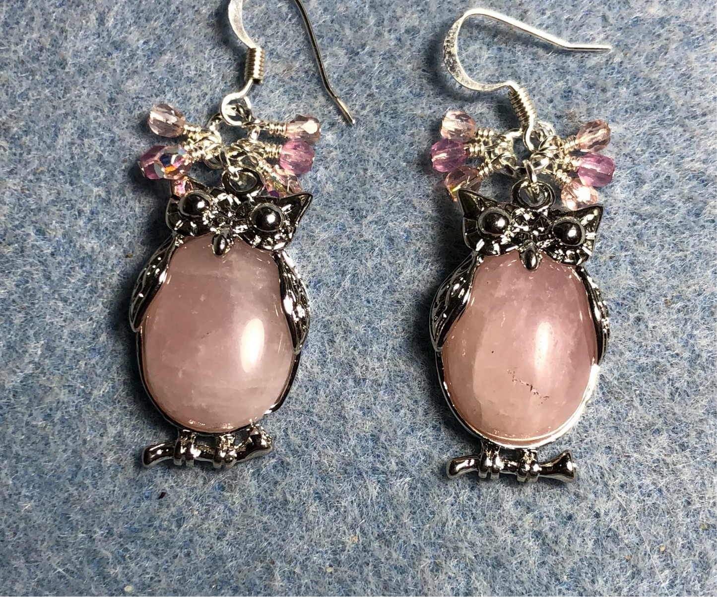 Large silver and pink quartz gemstone owl charm earrings adorned with small dangling pink Czech glass beads.