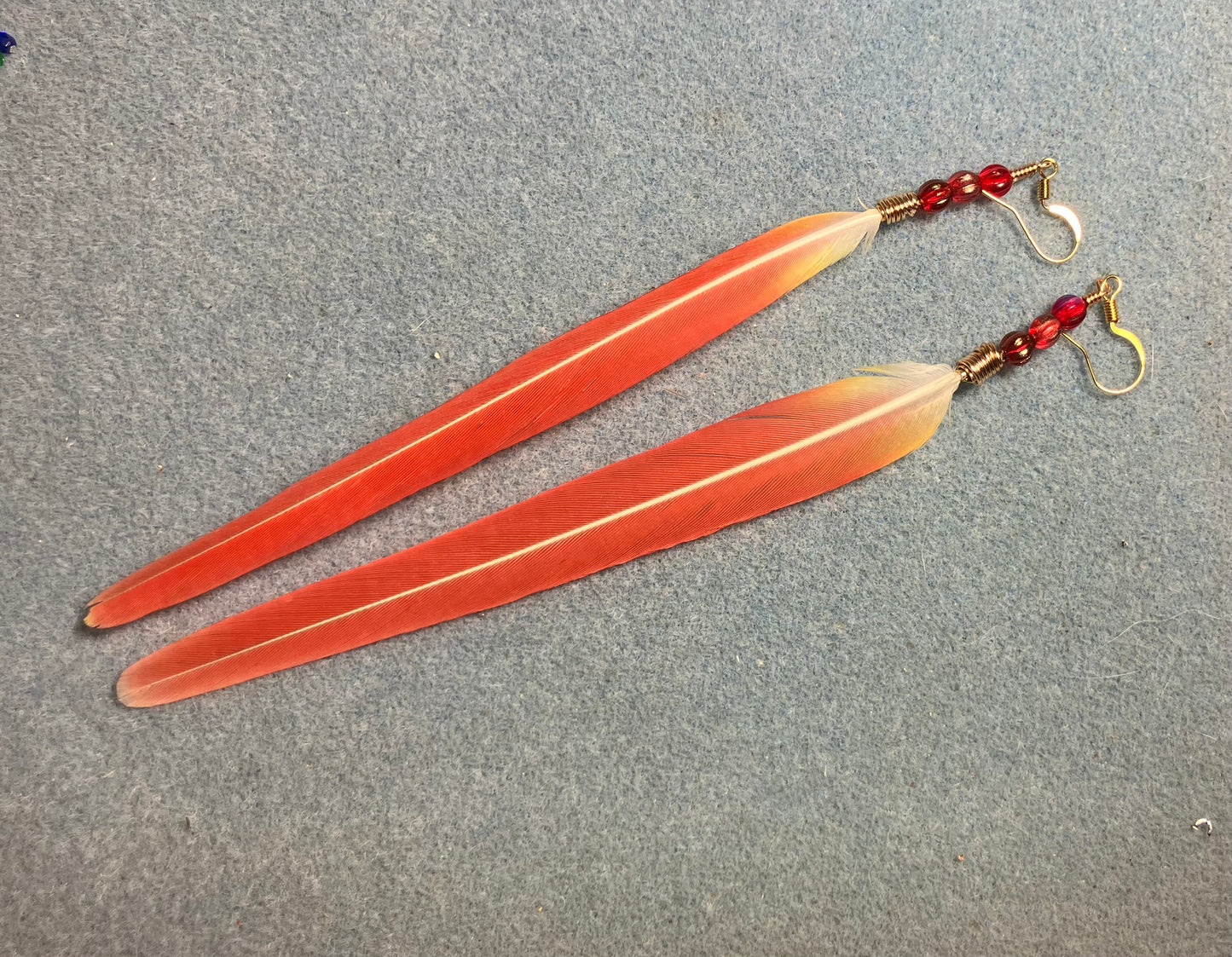 Extra long bright red sun cheeked conure feather earrings adorned with red Czech glass melon beads.