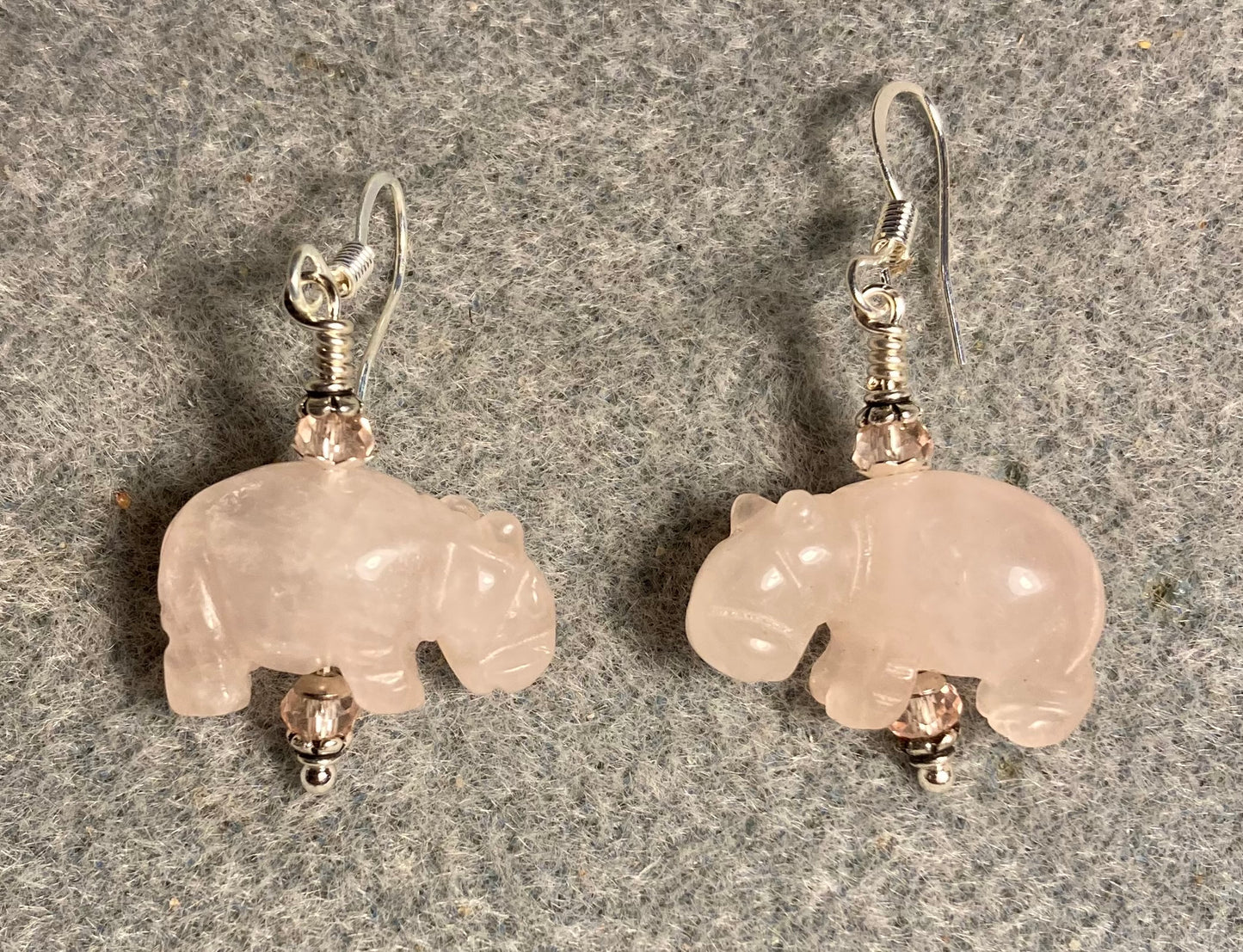 Pink rose quartz gemstone hippo bead earrings adorned with pink Chinese crystal beads.