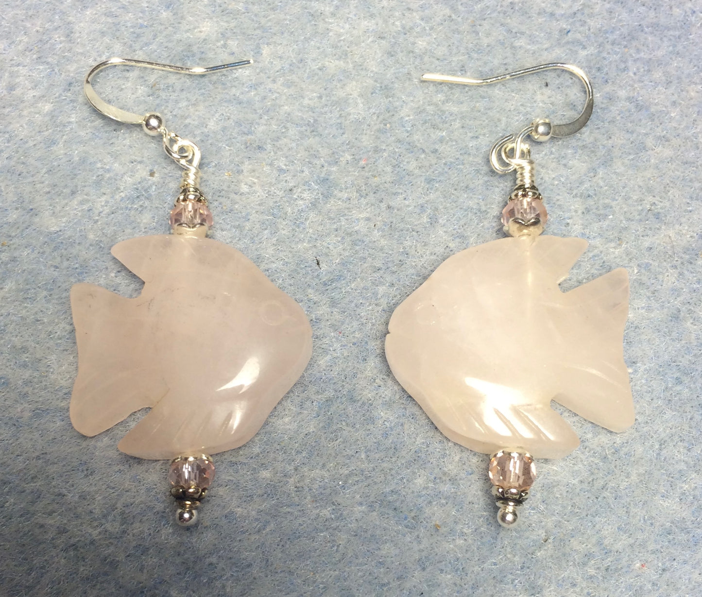 Large rose quartz gemstone angelfish bead earrings adorned with pink Chinese crystal beads.