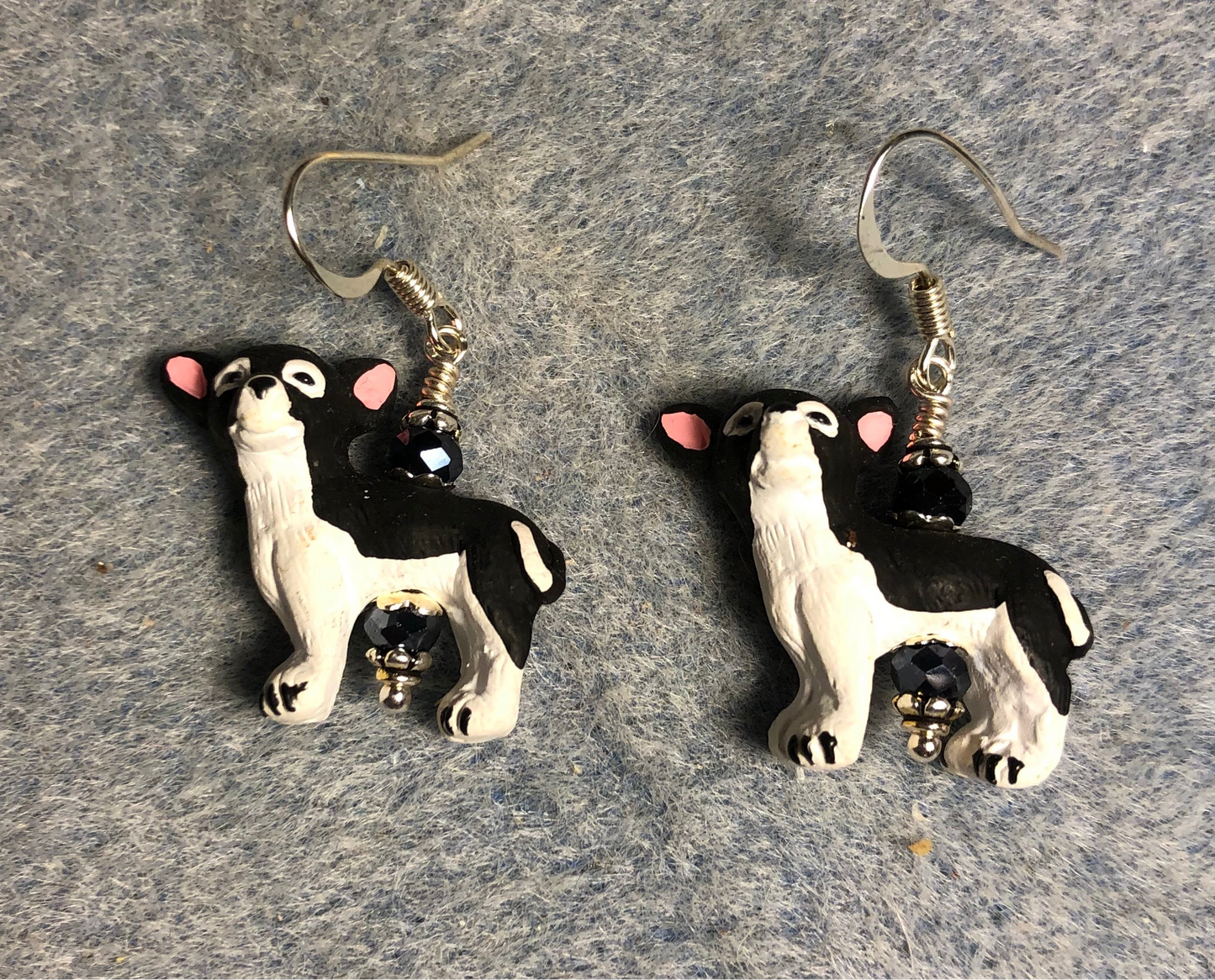 Black and white ceramic chihuahua bead earrings adorned with black Chinese crystal beads.