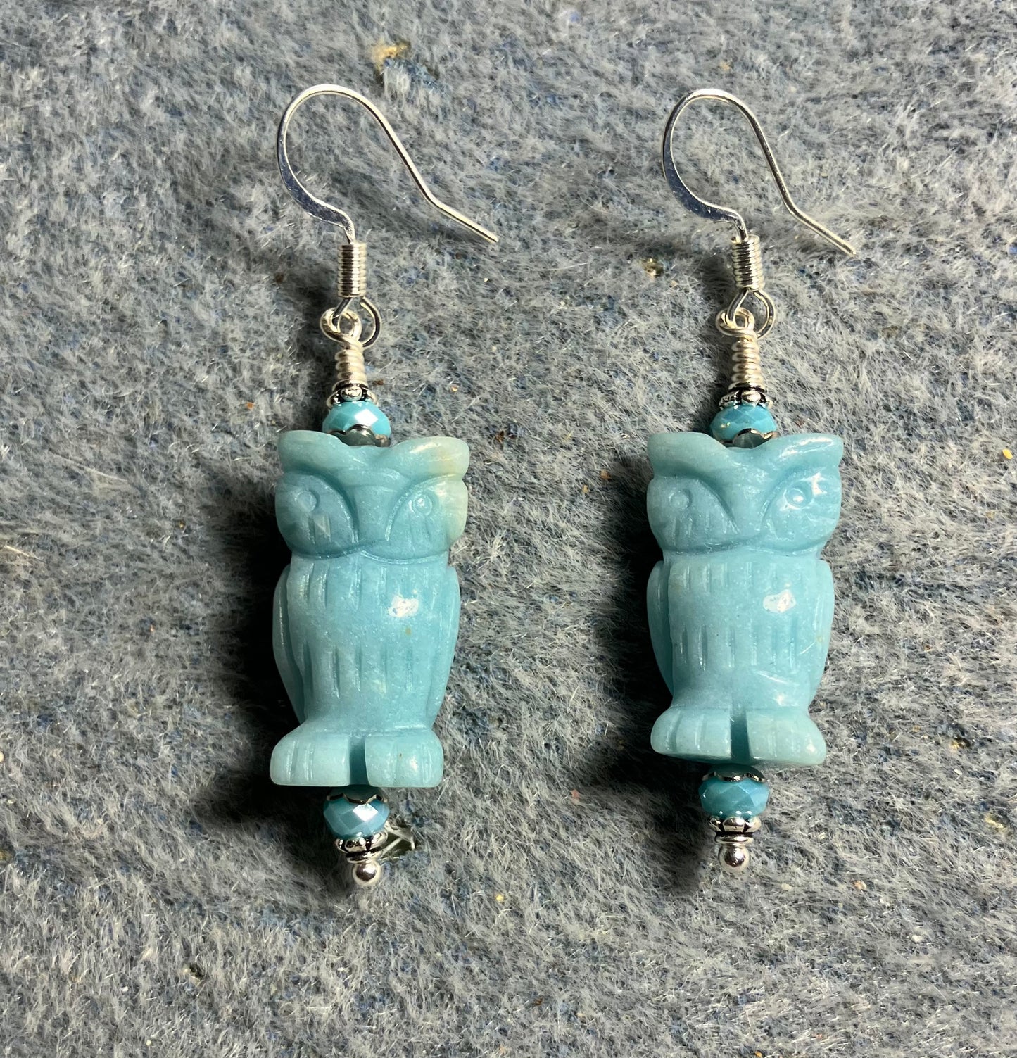 Turquoise amazonite gemstone owl bead earrings adorned with turquoise Chinese crystal beads.
