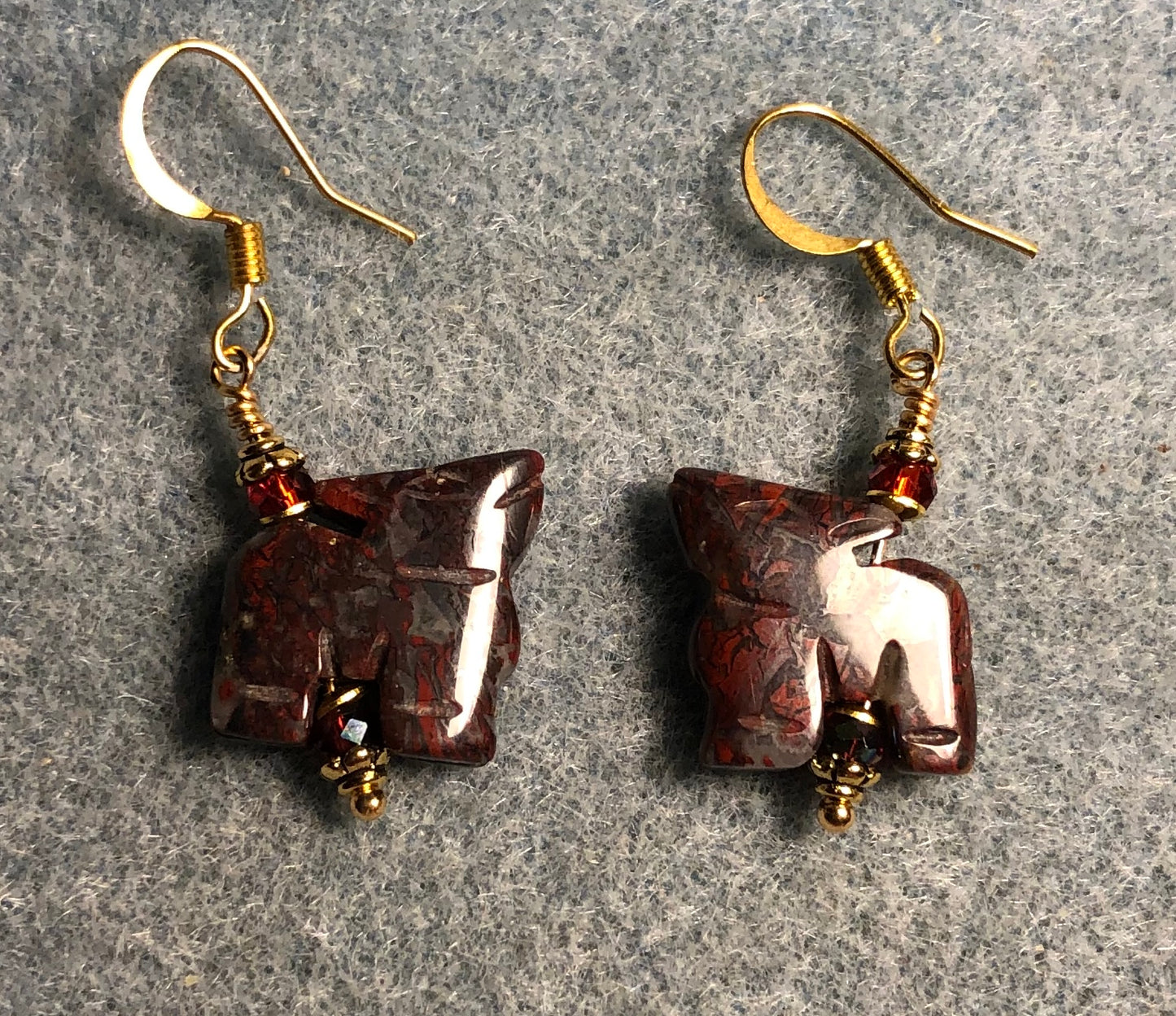 Red brecciated jasper gemstone ram bead earrings adorned with dark red Chinese crystal beads.