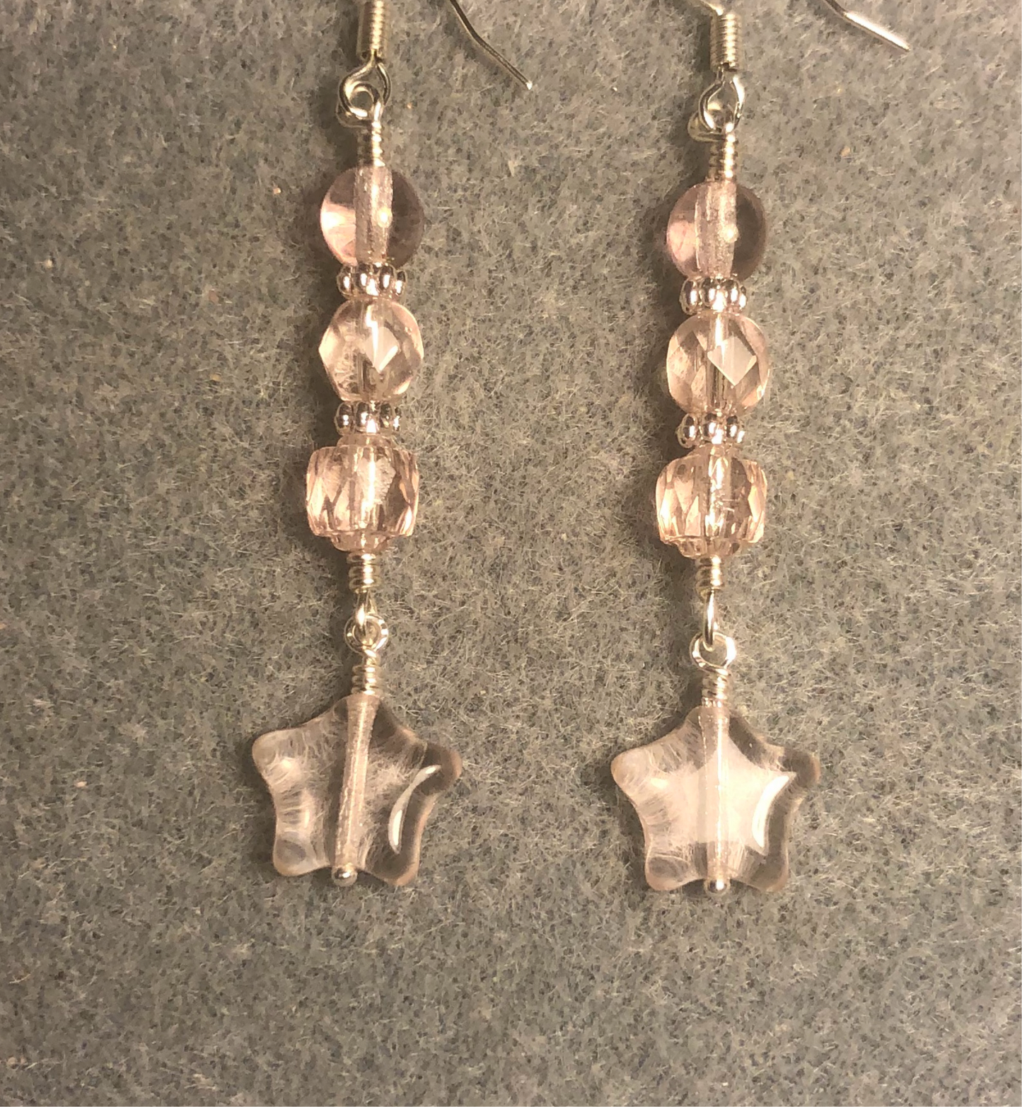 Small light pink Czech glass star bead earrings adorned with light pink Czech glass beads.