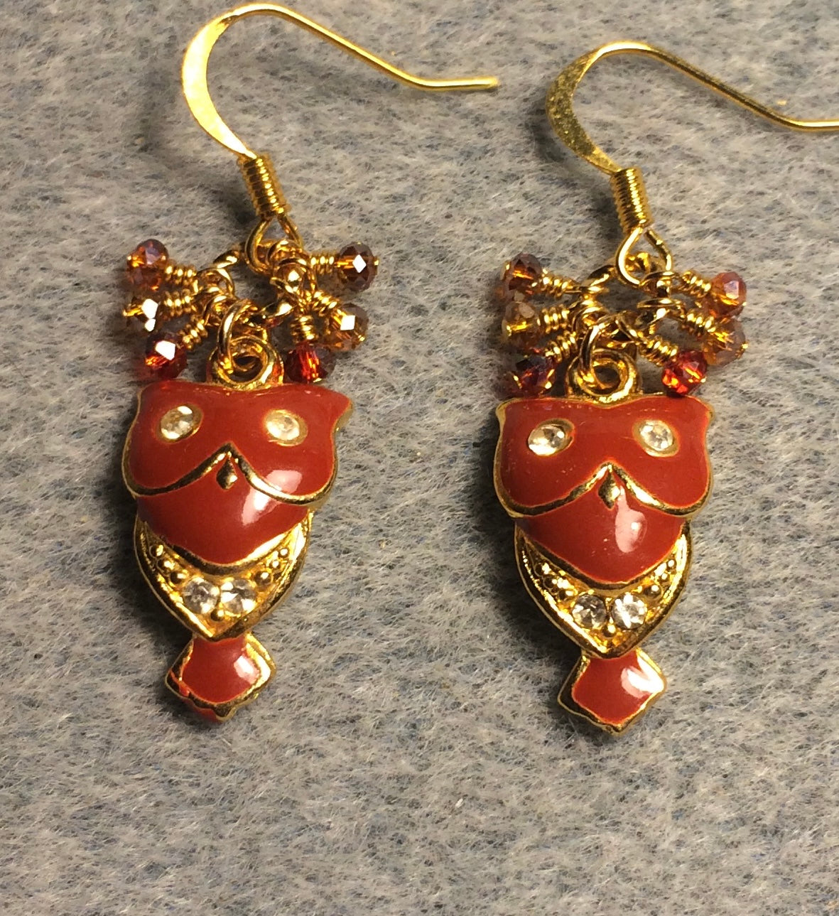 Vintage dark orange enamel and rhinestone owl charm earrings adorned with tiny dangling orange and amber Chinese crystal beads.