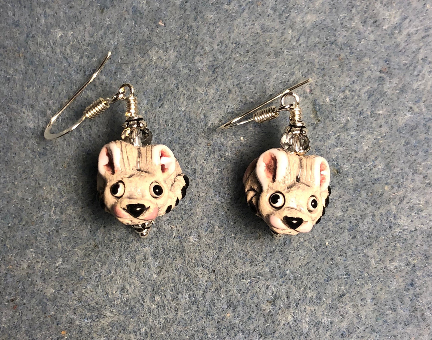 Small beige ceramic mouse bead earrings adorned with clear Chinese crystal beads.