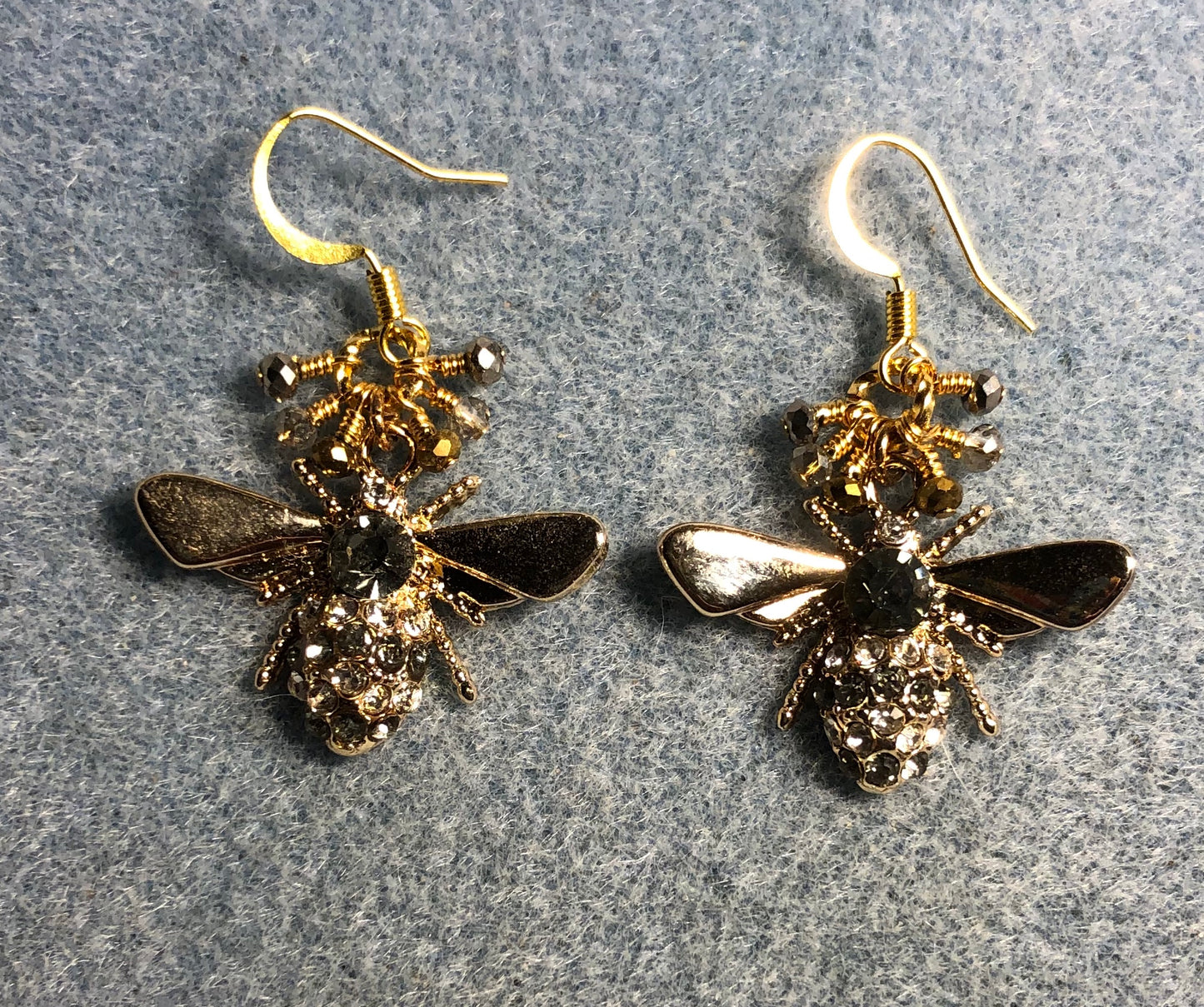 Gray and gold rhinestone honeybee charm earrings adorned with tiny dangling gray and gold Chinese crystal beads.