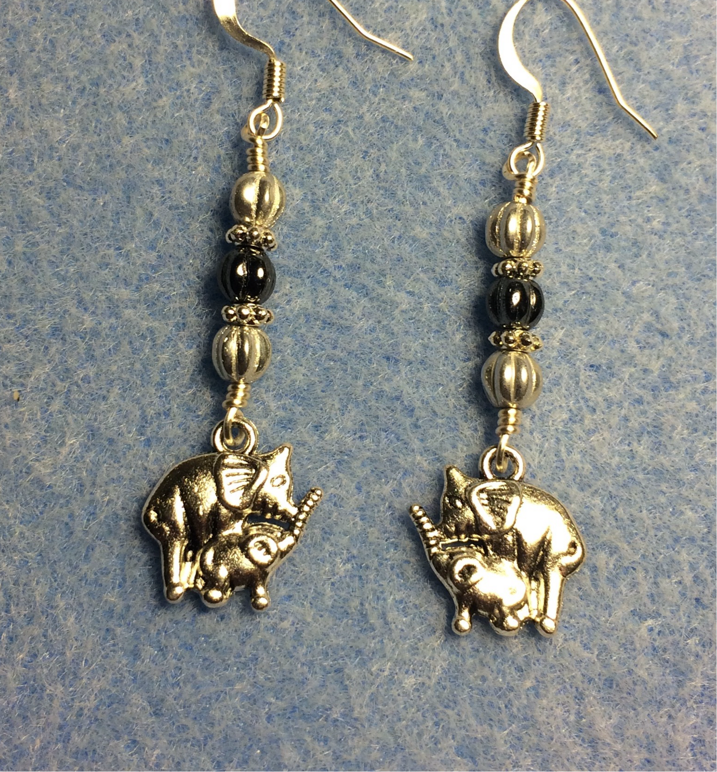 Small silver mother and baby elephant charm earrings adorned with small silver and gray Czech glass melon beads