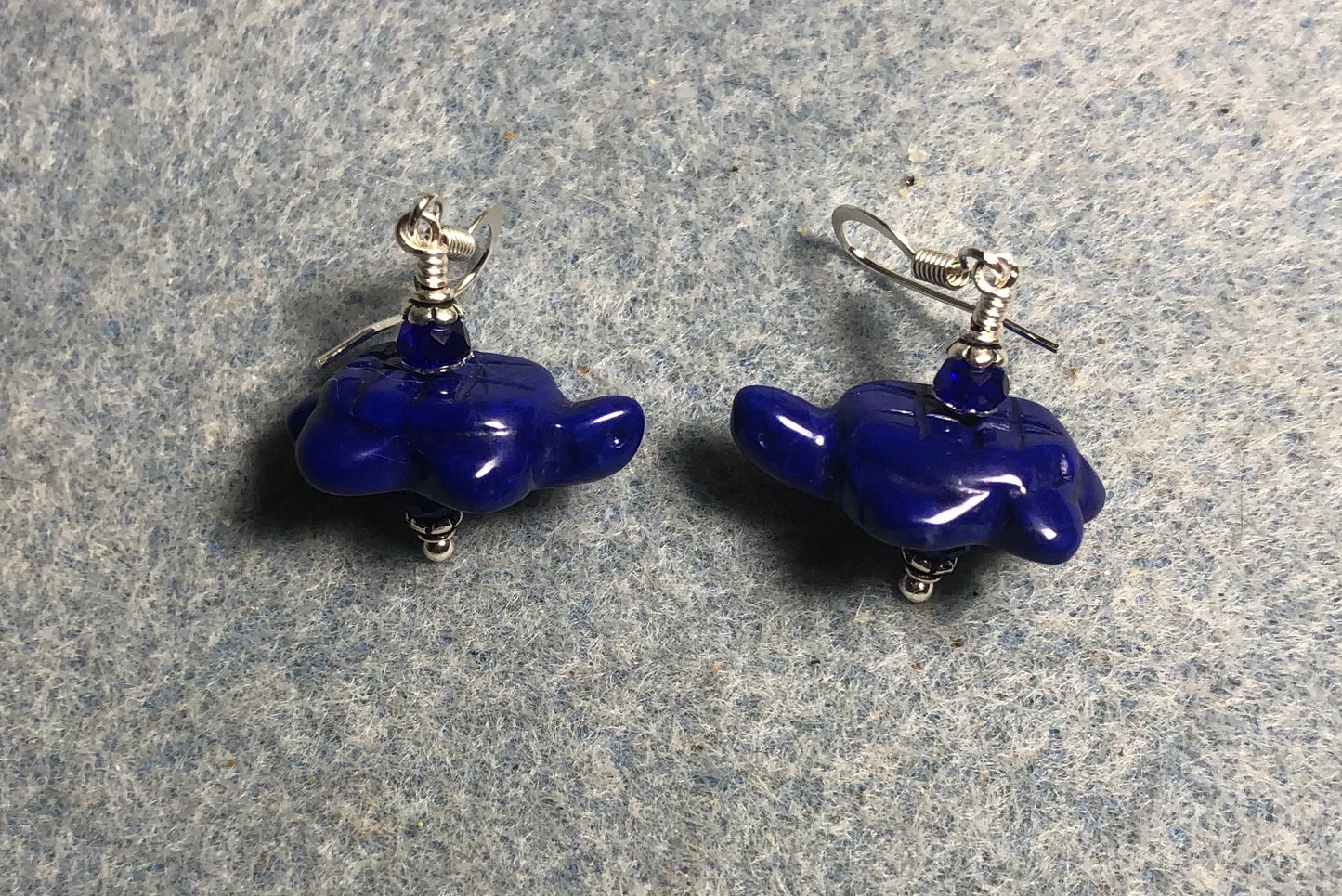 Lapis howlite gemstone turtle bead earrings adorned with dark blue Chinese crystal beads.