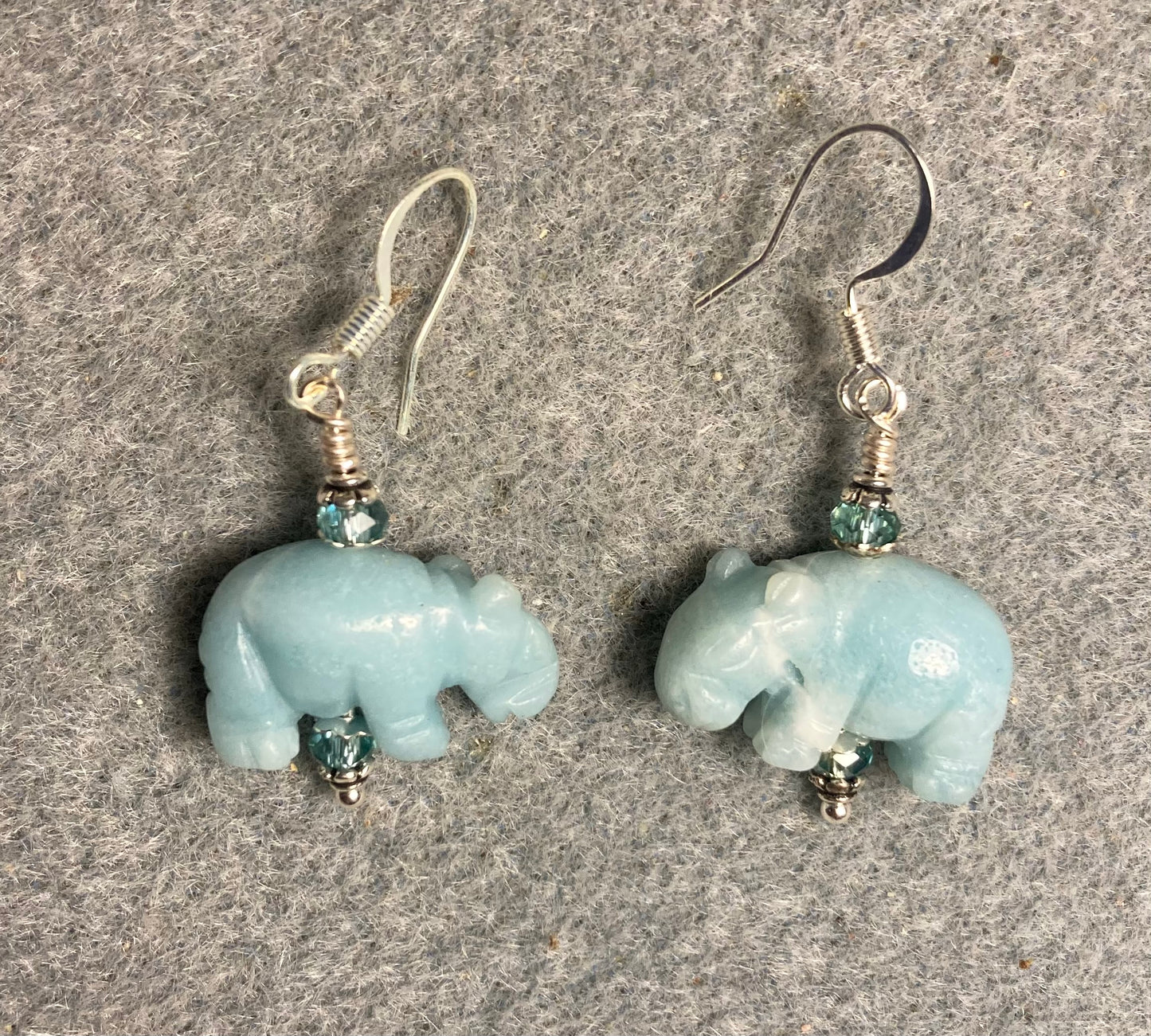 Amazonite gemstone hippo bead earrings adorned with turquoise Chinese crystal beads.