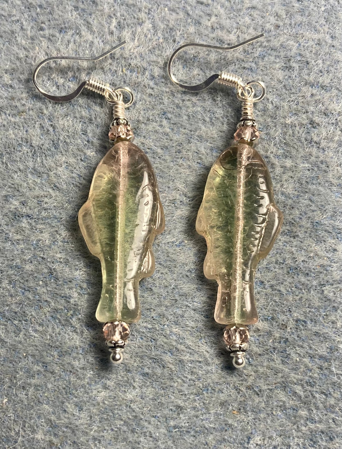 Pink and green Czech glass fish bead earrings adorned with pink Chinese crystal beads.