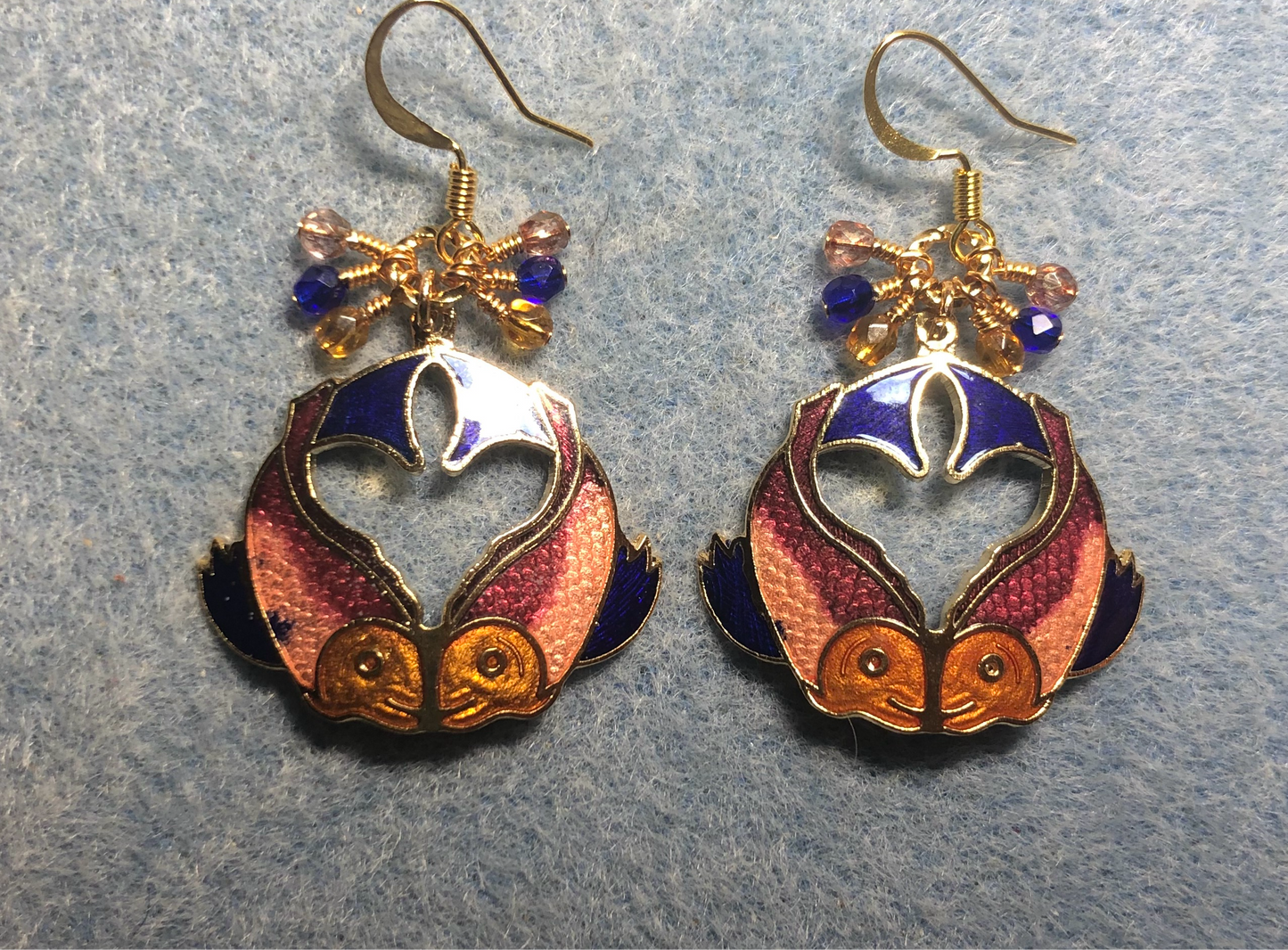 Dark red, peach, dark blue, and amber cloisonné koi charm earrings adorned with tiny dangling peach, dark blue, and amber Chinese crystal beads.