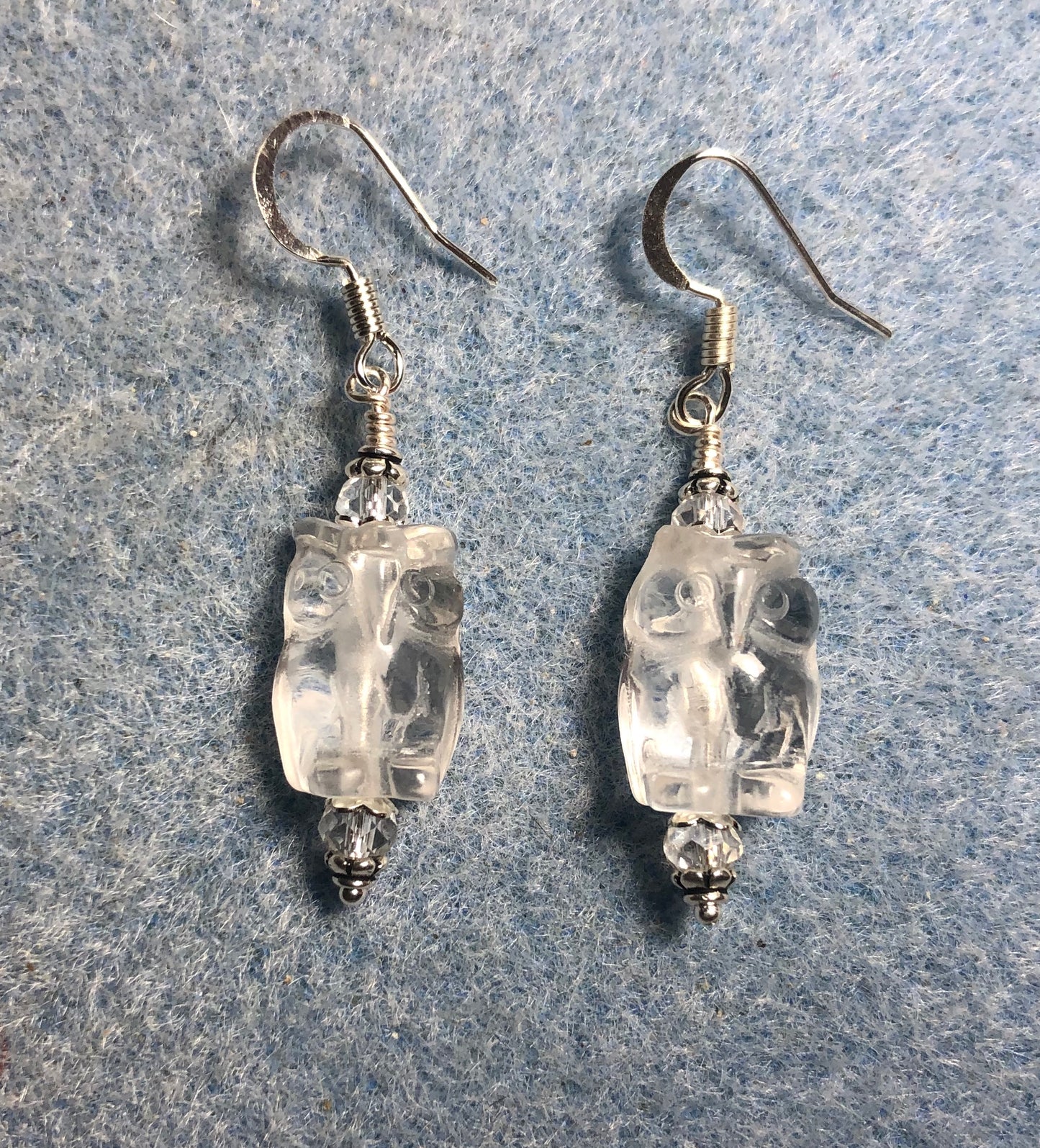 Rock crystal gemstone owl bead earrings adorned with clear Chinese crystal beads.