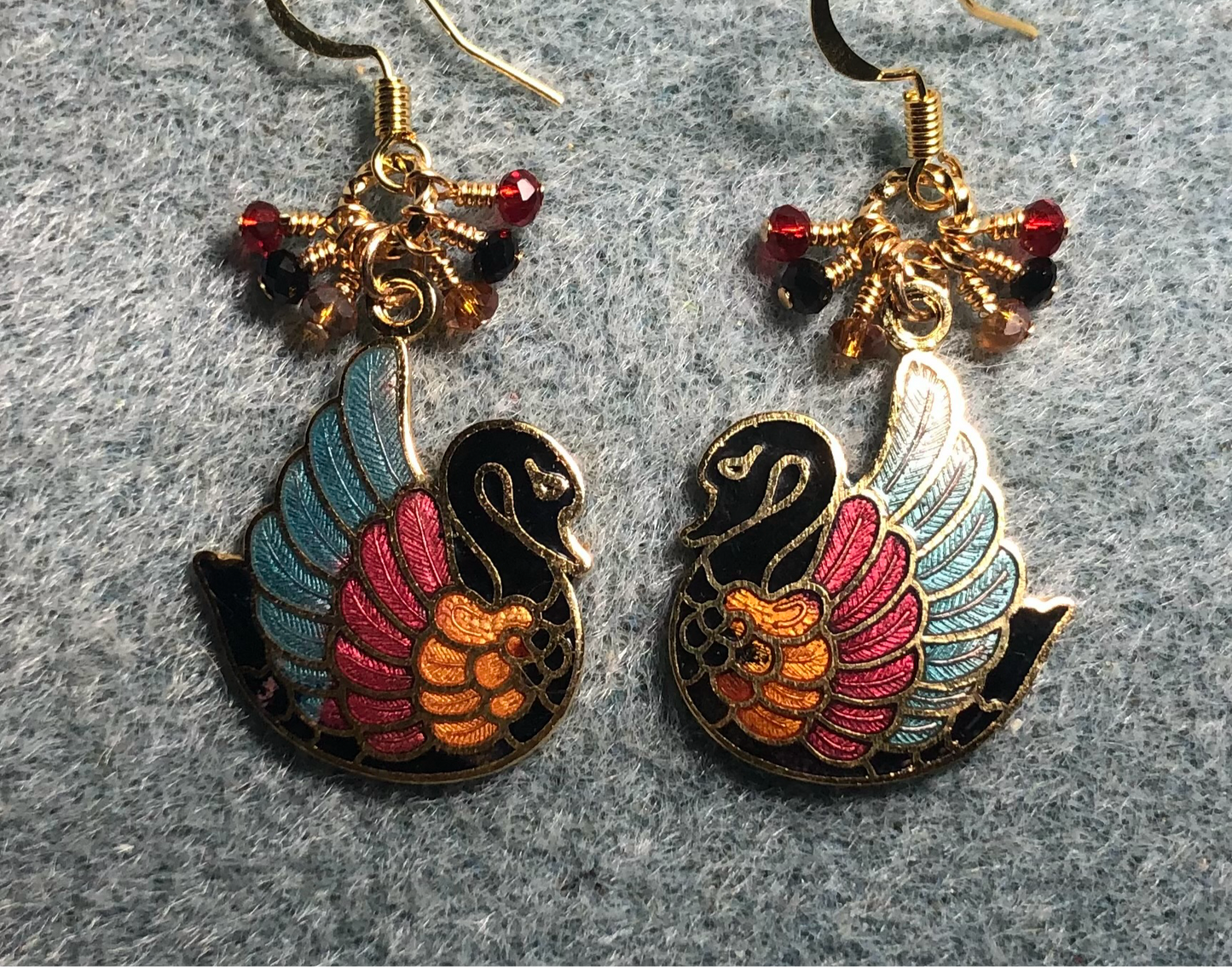 Gorgeous vintage black, red, and topaz cloisonné swan charm earrings adorned with tiny dangling black, red, and topaz Chinese crystal beads.