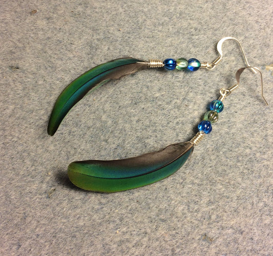 Teal and green mini macaw feather earrings adorned with small blue, green, and turquoise Czech glass beads.