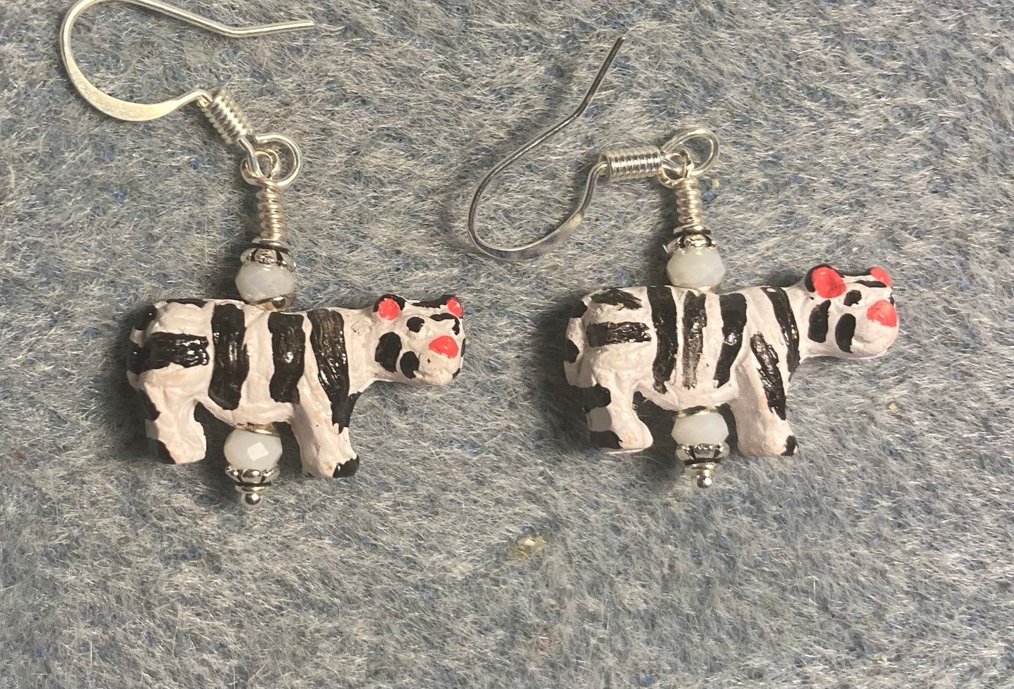 Small white and black ceramic striped tiger bead earrings adorned with white Chinese crystal beads.