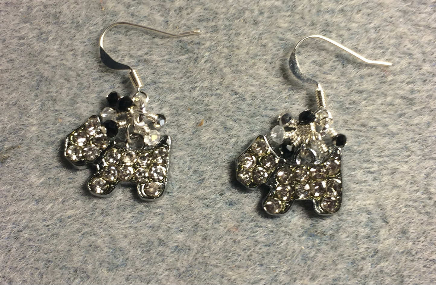 Silver and clear rhinestone Scottish terrier dog charm earrings adorned with tiny dangling black and clear Chinese crystal beads.